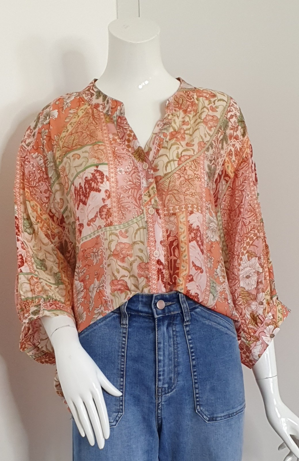 Caroline Morgan Sz 14-16 Boho Floral Patchwork Blouse 3/4 Slv Hi-Lo Hem BNWT