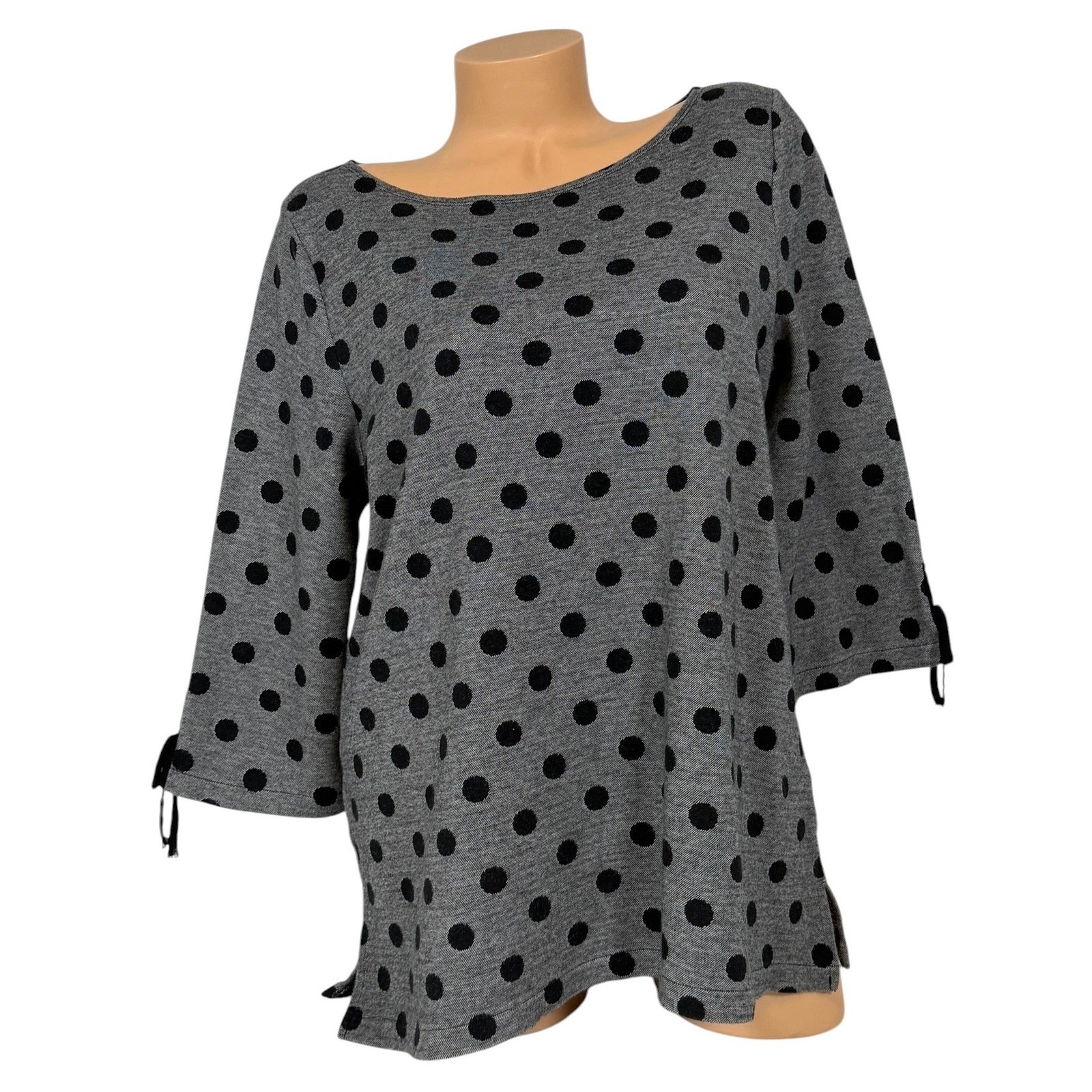 Talbots Womens Size Large Gray Black Polka Dot 3/4 Sleeve Tie Cuff Knit Top