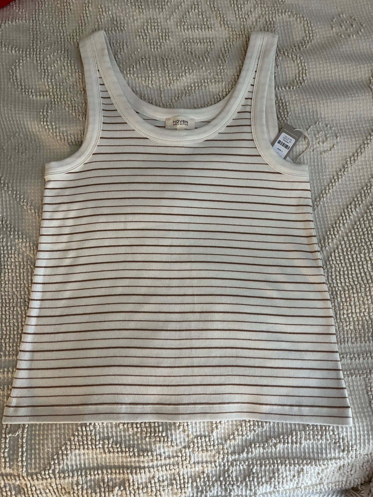NWT Haven Well Within Women’s Striped Tank Top Size L Ribbed, Ivory/woodsmoke