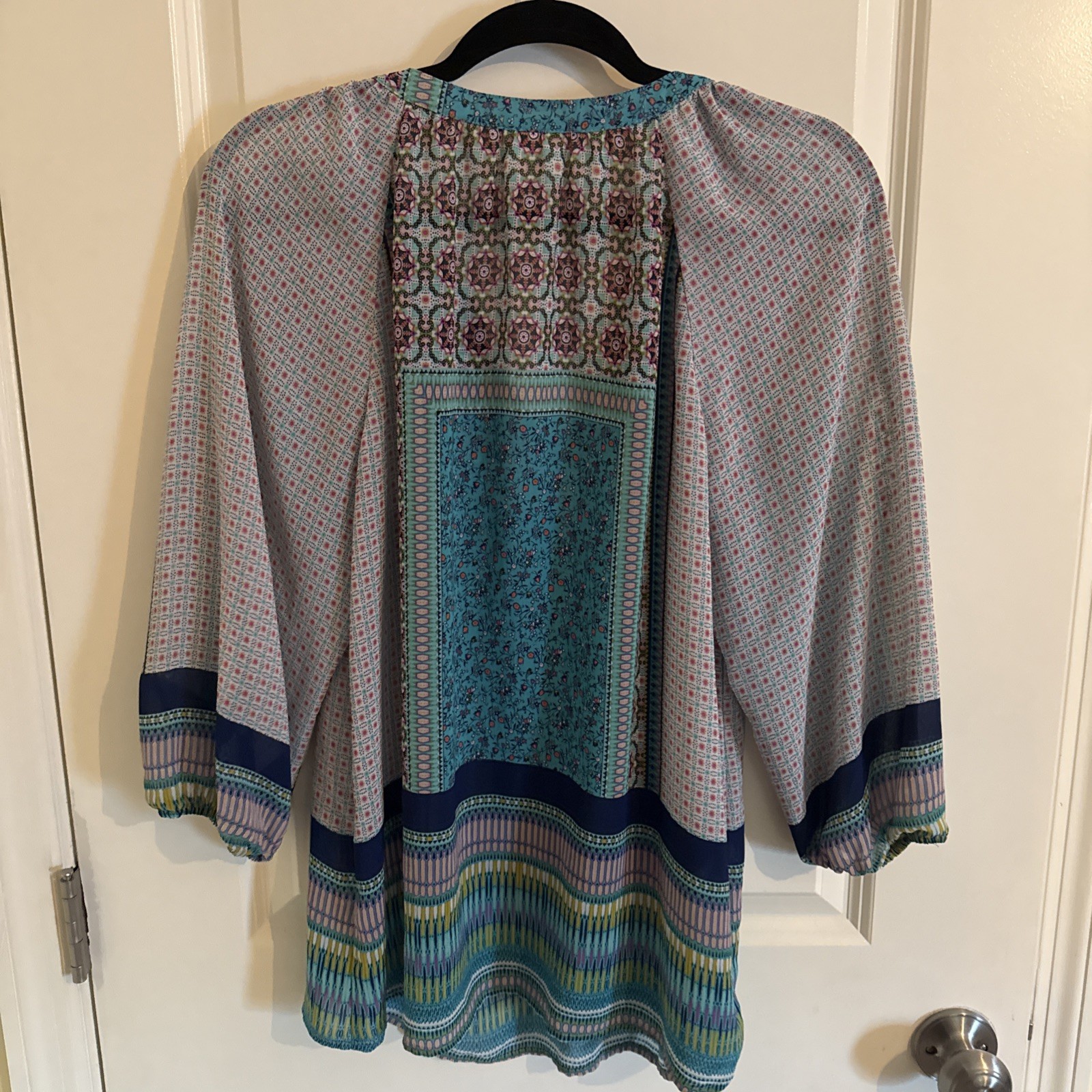 Fig and Flower Womens Patchwork Floral Blouse Blue 3/4 Sleeve Top Large