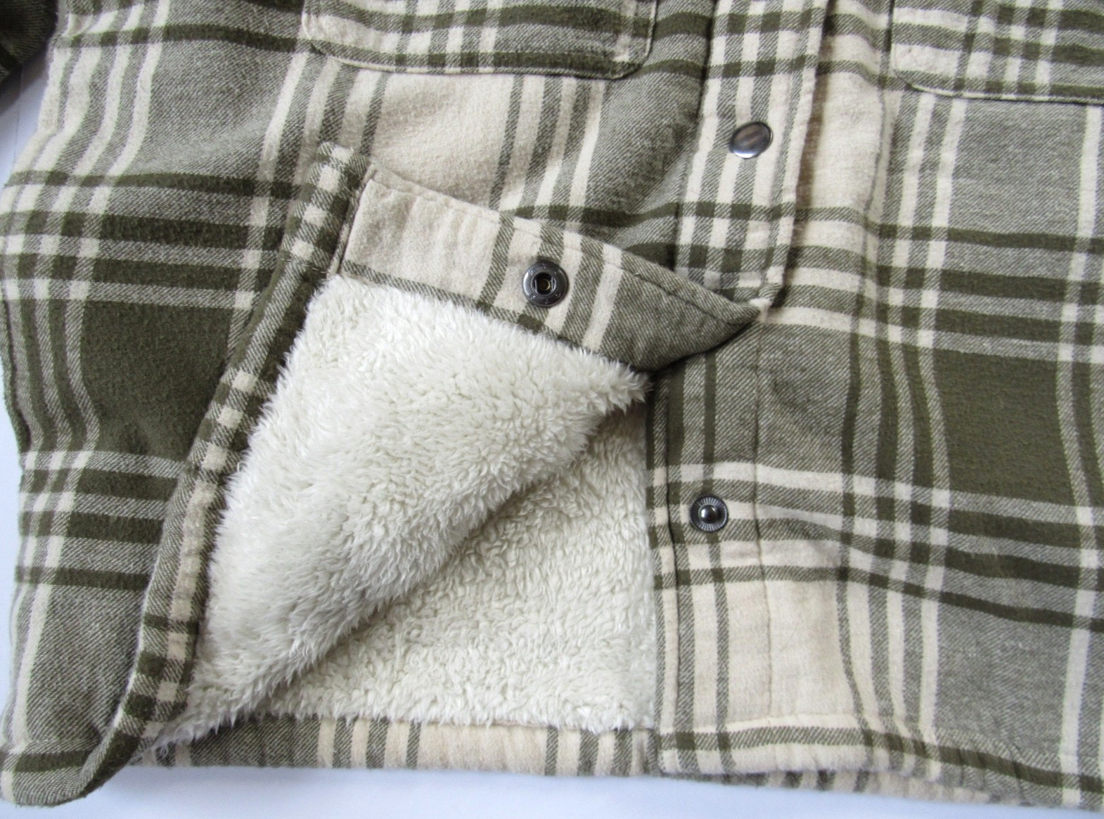 Lucky Brand Jacket Green Ivory Cream Plaid Fleece Lined Flannel Shacket M Medium