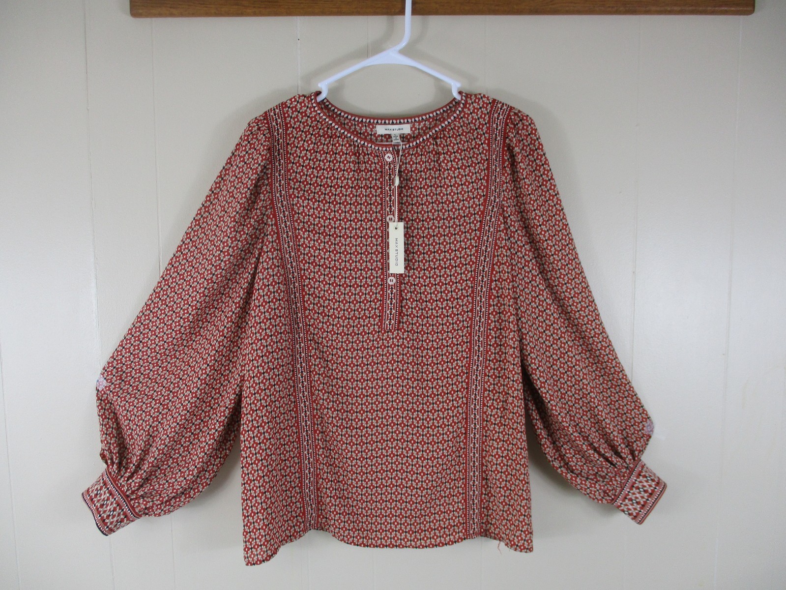 NWT Max Studio Blouse Wms L Boho Print Bishop Sleeve Silky Henley Top