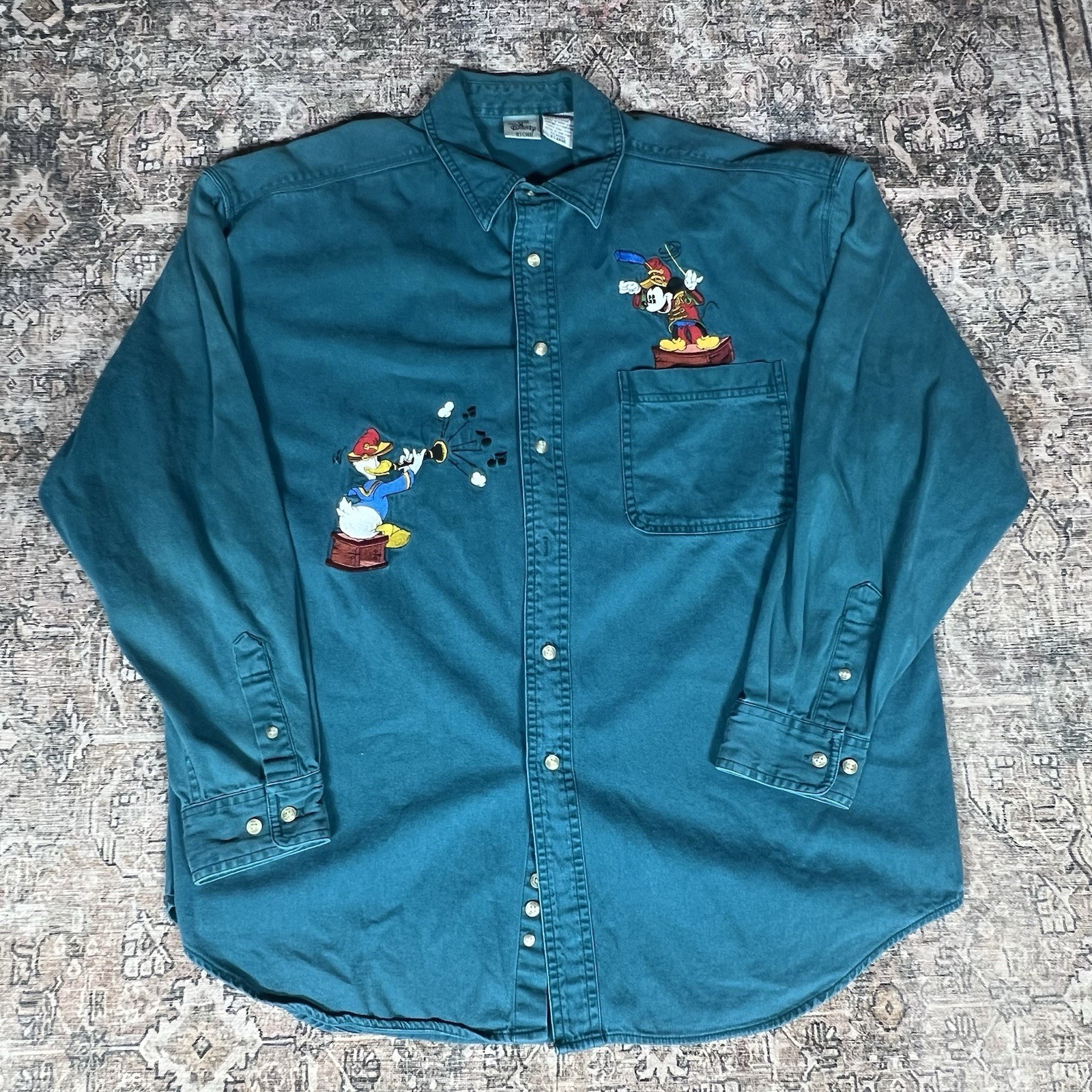 Vintage 90s Disney Store Mickey Donald Embroidered Shirt Size XL Band Trumpet