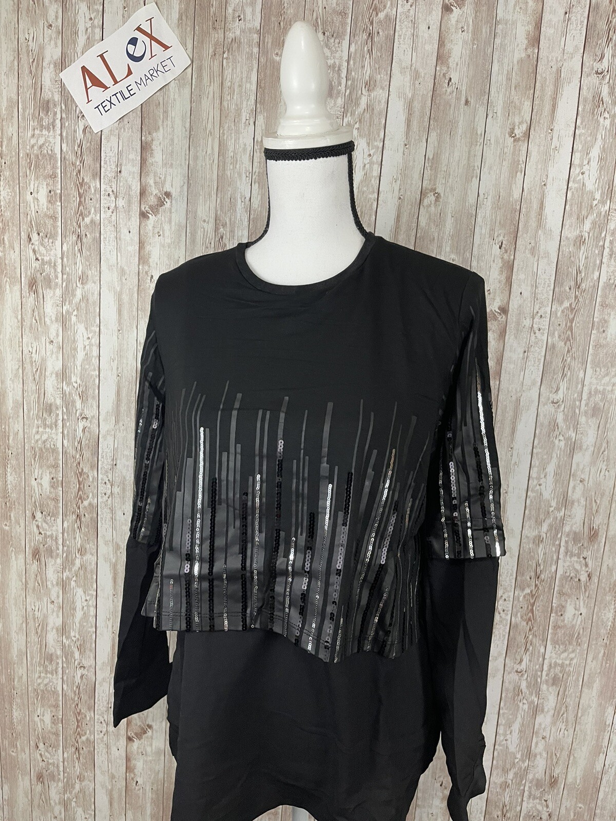 Alex Blouse Womens Large Beaded Black Shirt Long Sleeve Tunic N135