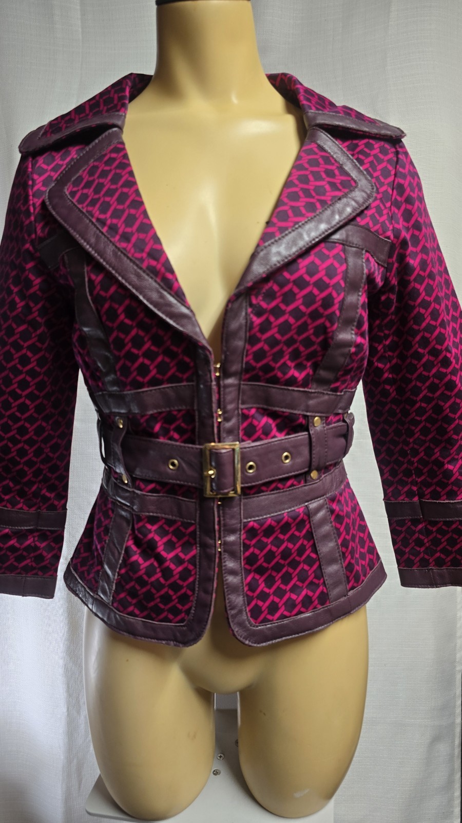 Vintage Y2K Women’s Purple Leather Cotton Belted Corset Blouse Top Jacket Sz S