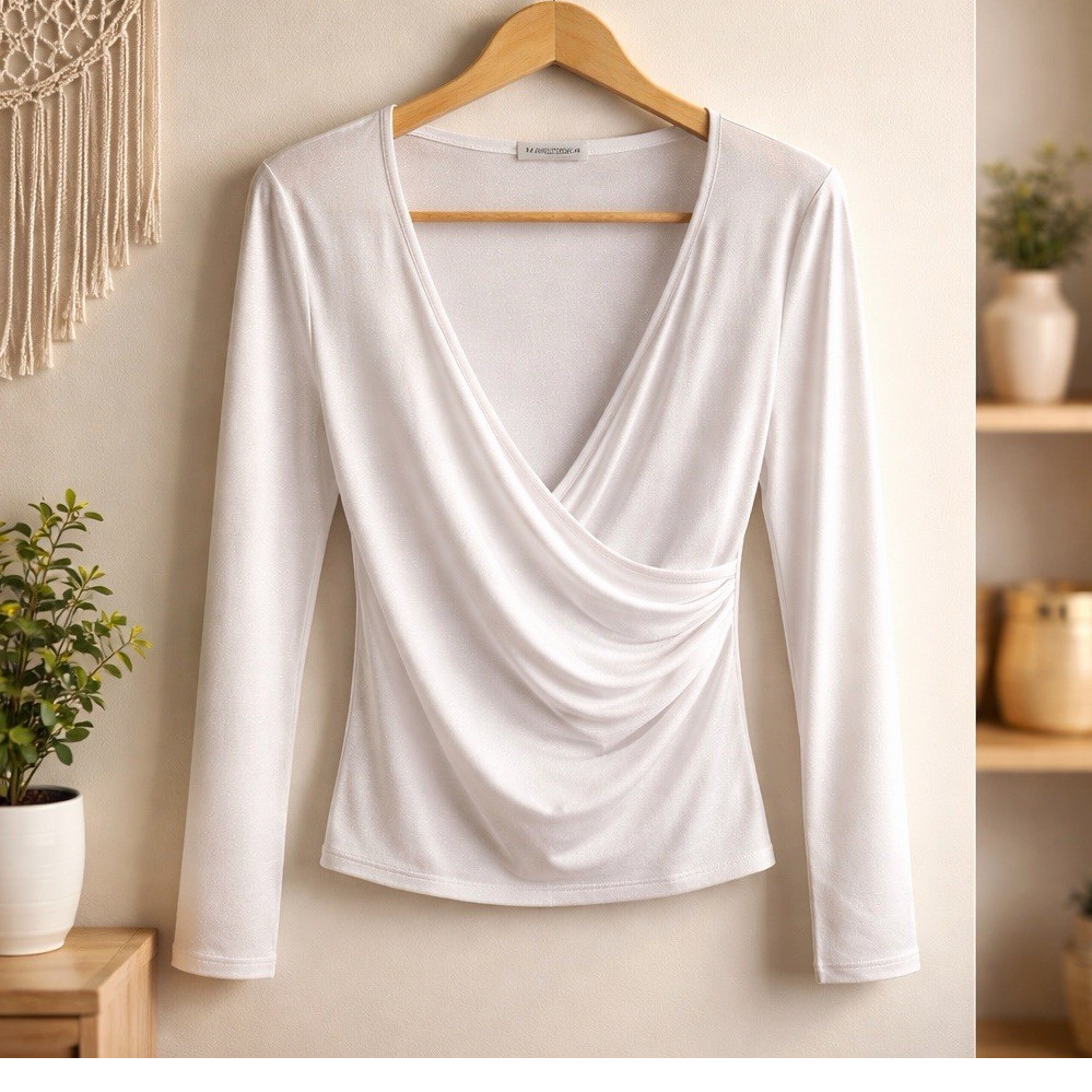 MANGOPOP White Draped Deep V-Neck Long Sleeve Blouse Women Regular Size S