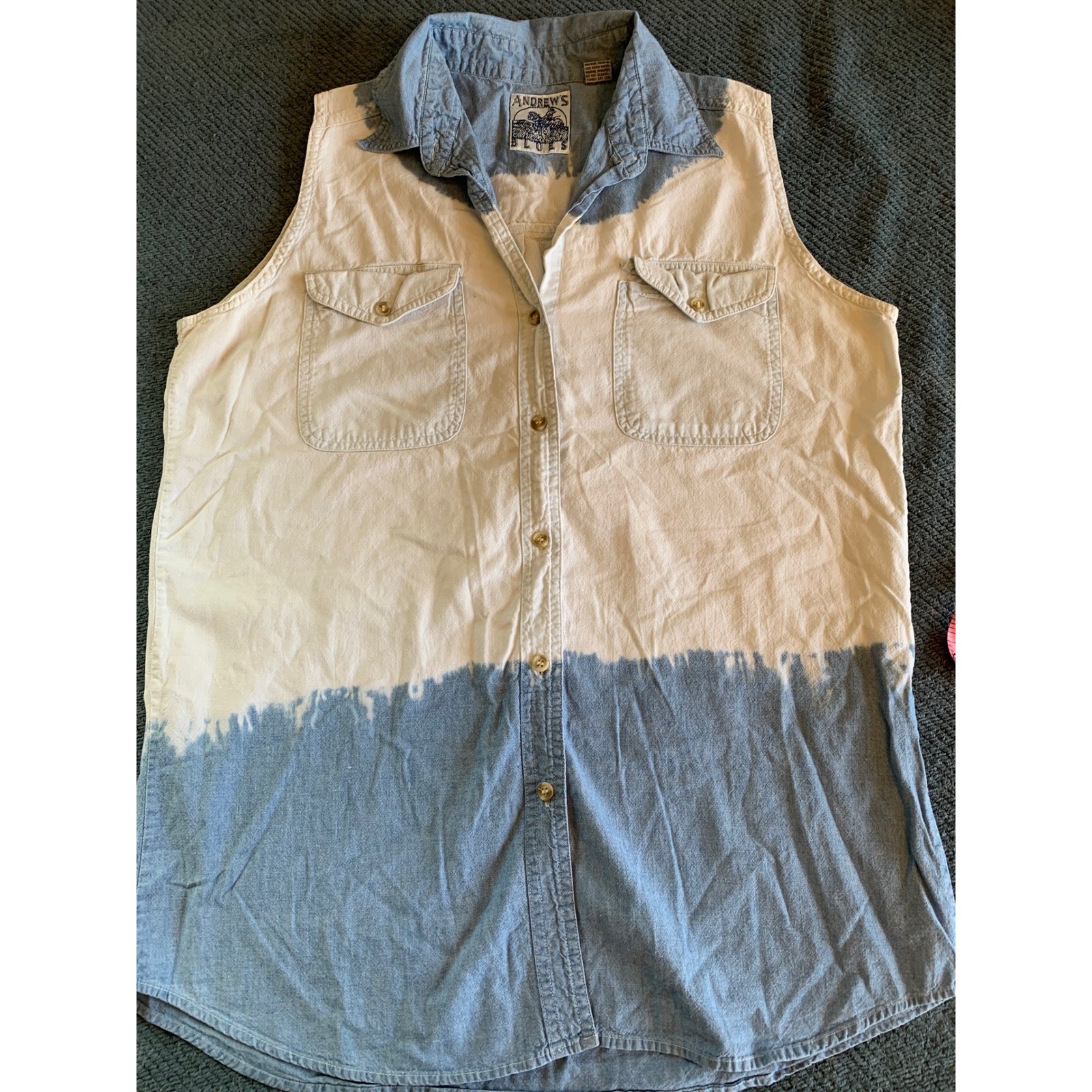 Andrews Blues Womens Large Sleeveless Denim Shirt Dip Dye Bleach Wash Cotton L