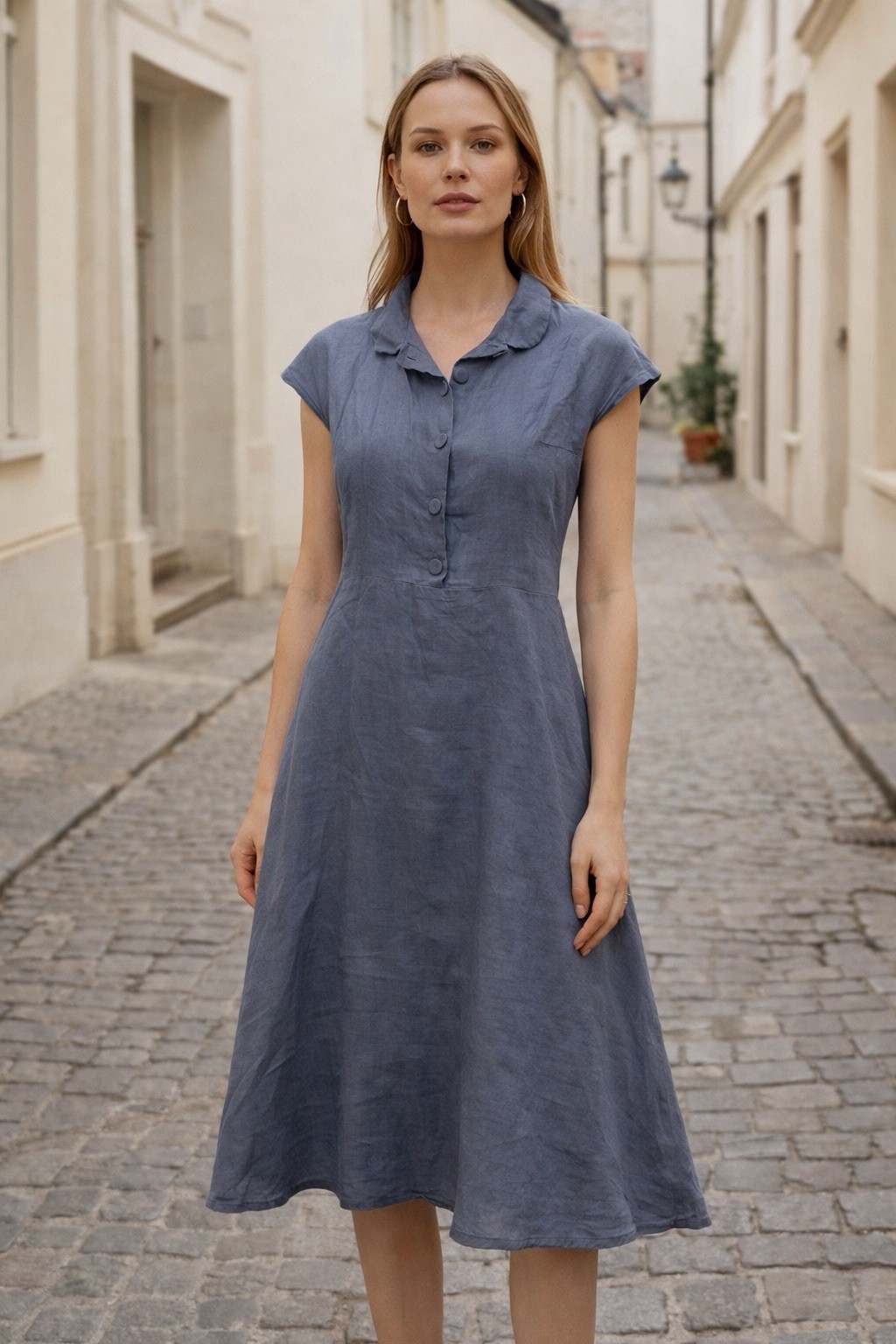 Agnes B. Blue Half button linen dress shirt size 40 France Minimalist Medium