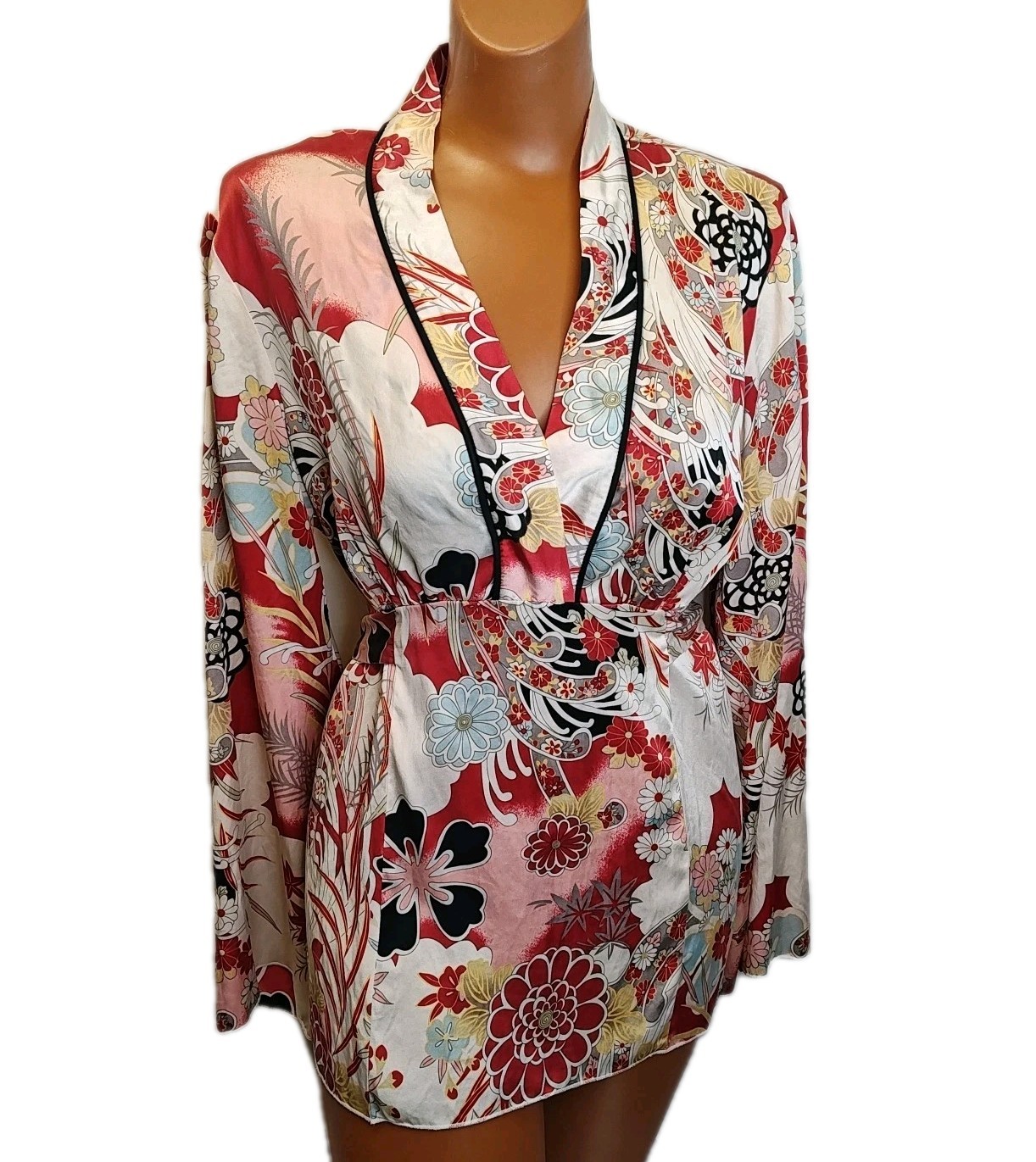 Vtg Jonathan Martin Sz XL Silk Faux Wrap Blouse Japanese Floral Y2k Babydoll Top