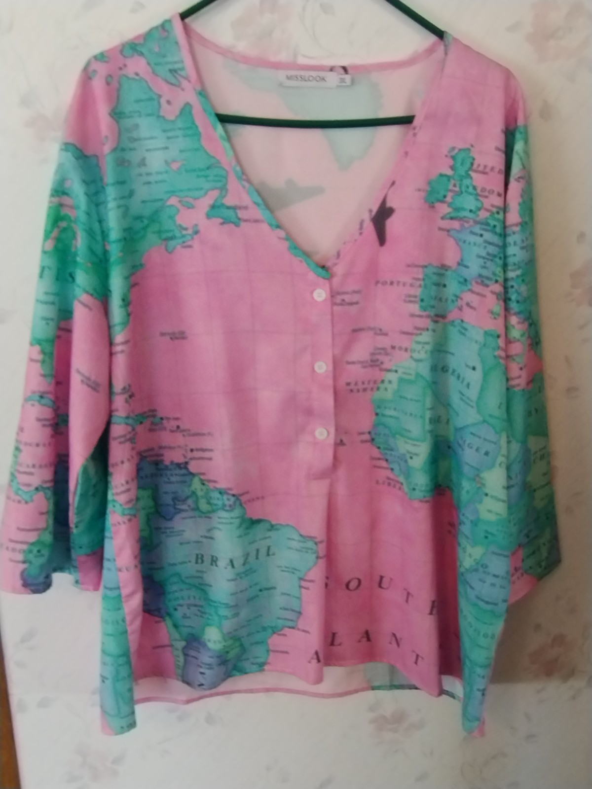 Misslook Women’s World Map 3/4 Button Shirt Blouse 3/4 Pink & Blue Plus 3XL