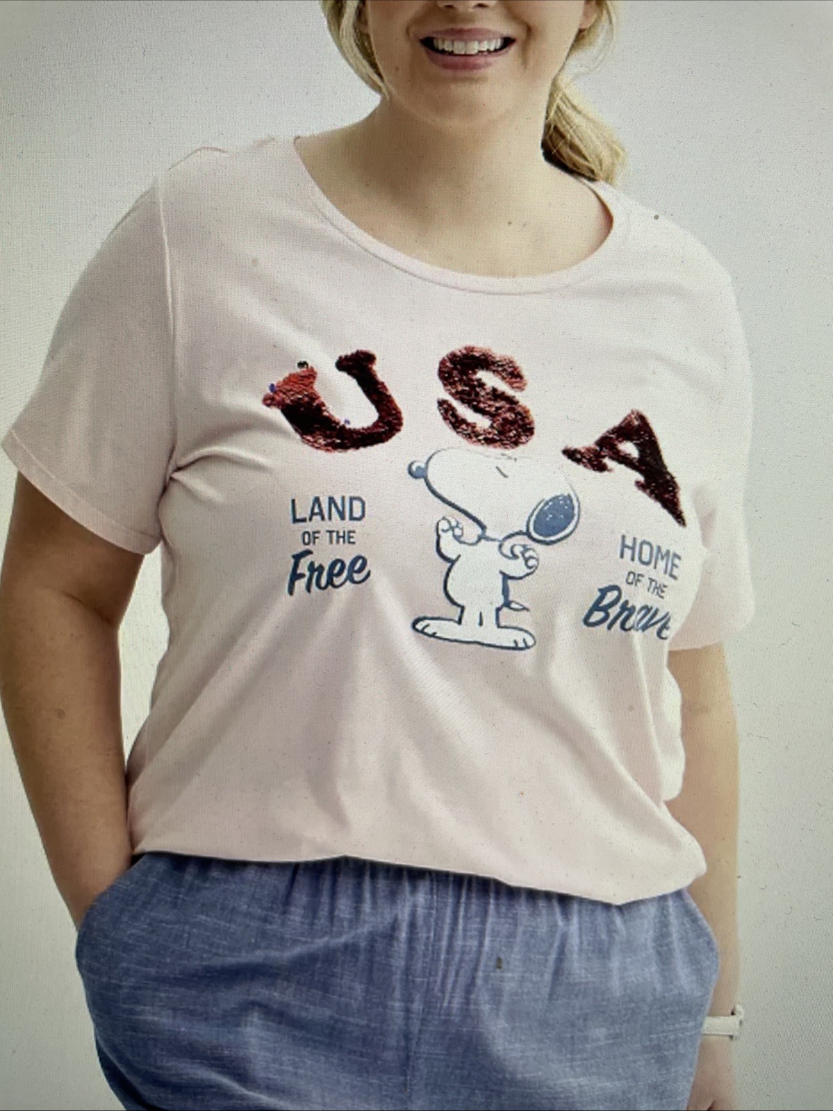 New Peanuts Snoopy 4th Of July tee Shirt top womens 4X USA Flag sequin patriotic