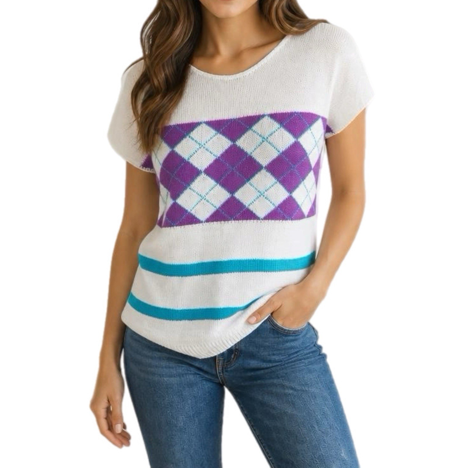 Vintage Sweaters USA Argyle Knit Blouse Womens 80s Short Sleeve Top – M