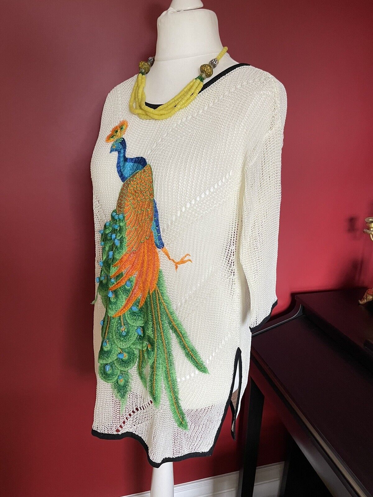 DooYue Peacock Appliqué Beaded sequin lace colourful sheer croshet tunic top M