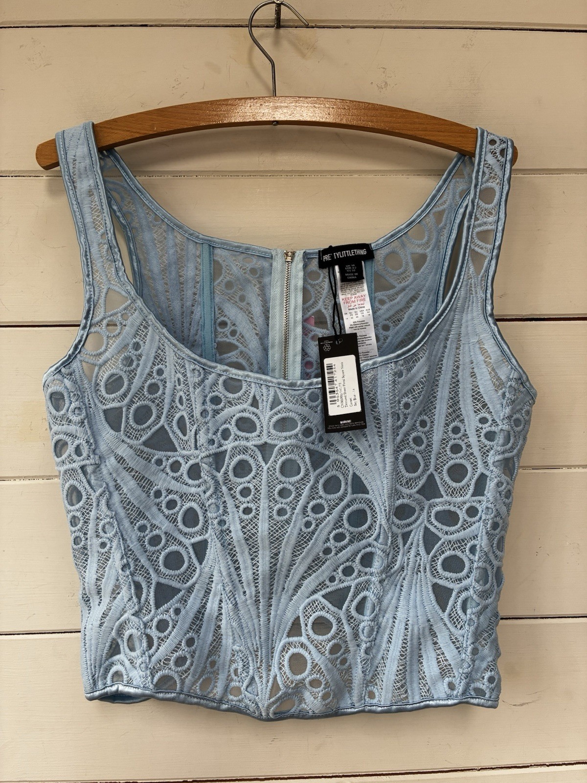 A Fab Baby Blue Mesh & Lace Corset Top By PrettyLittleThing Size 12 NWT ￼
