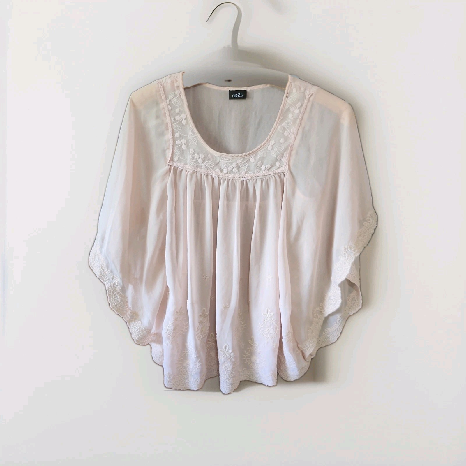 WOMENS SMALL Rue 21 Bat Wing with Lace Trim top PINK FAIRYCORE FAIRY SHEER