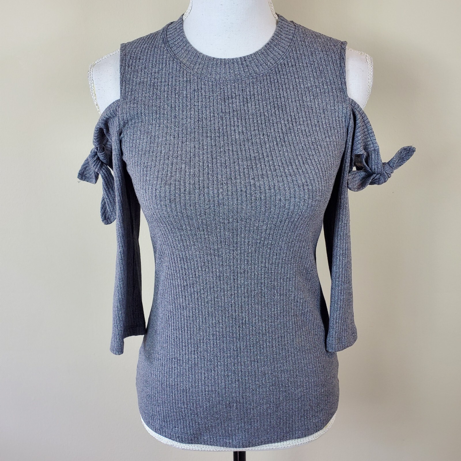 Rebecca Taylor Womens Top S Gray Cold Shoulder Tie Detail Ribbed Knit Sweater