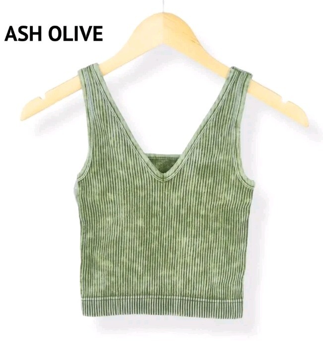 New ZENANA Mineral Wash Ribbed Reversible 2 Way Brami ASH OLIVE NTW-6187A Sz S/M