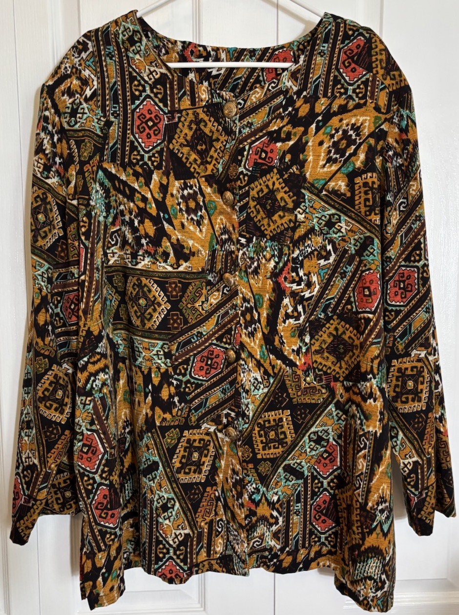 Vintage Elizabeth Williams Multi Color Print Long Sleeve ButtonTunic Top 3X