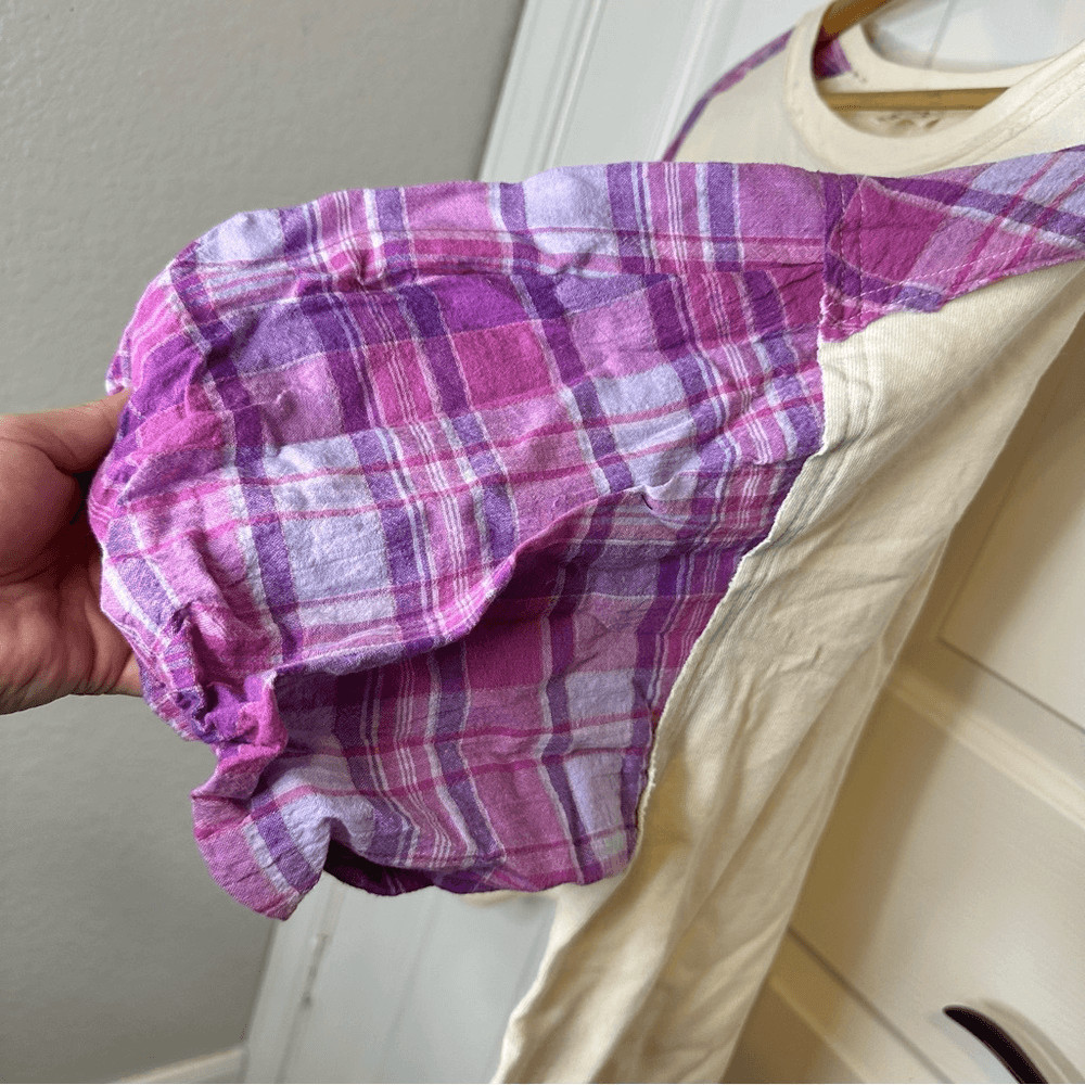 BNWT Sage+Fig Peace Sign Creme Purple Plaid Sleeve Oversized Top 1XL Boho Preppy