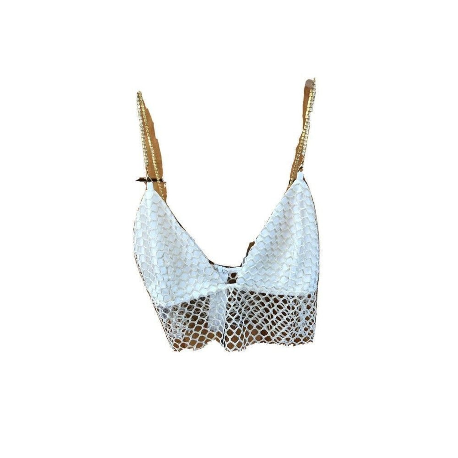 Superdown Gold Mesh Bralette Lined White Zip Rhinestone Adjust Straps M