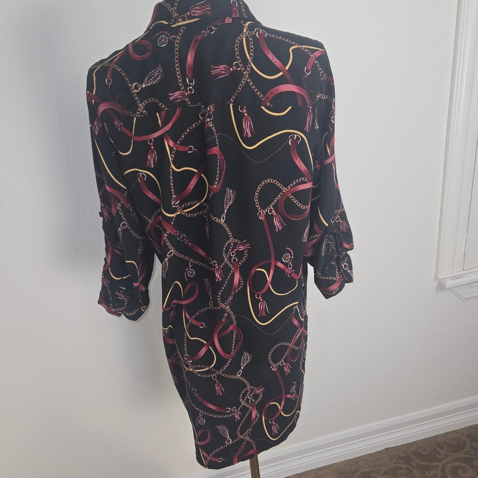 Equestrian Chain Print Tunic Dress M Black Gold Button Front Mob Wife