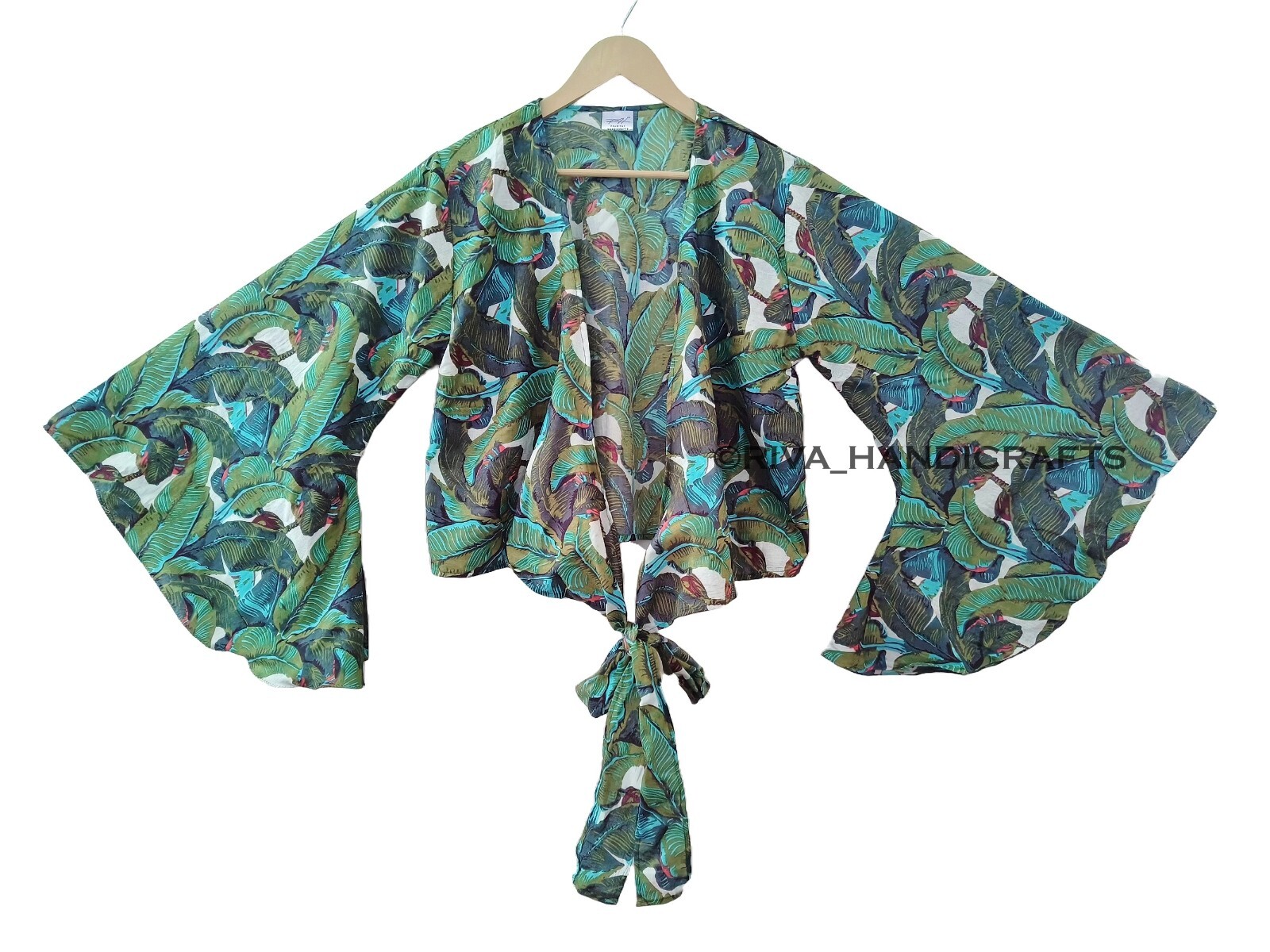 Indian Banana Leaf Cotton 70’s Retro Bell Sleeve Green Beach Cover up Crop top