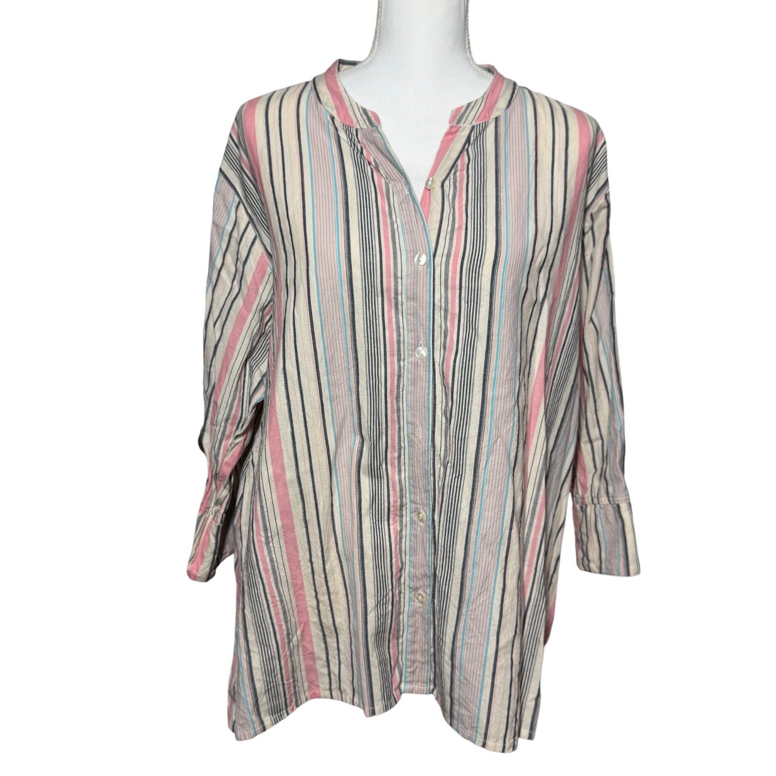 Citicraze Striped Button Down Tunic XL Pink Blue Cotton Tie Cuff Excellent