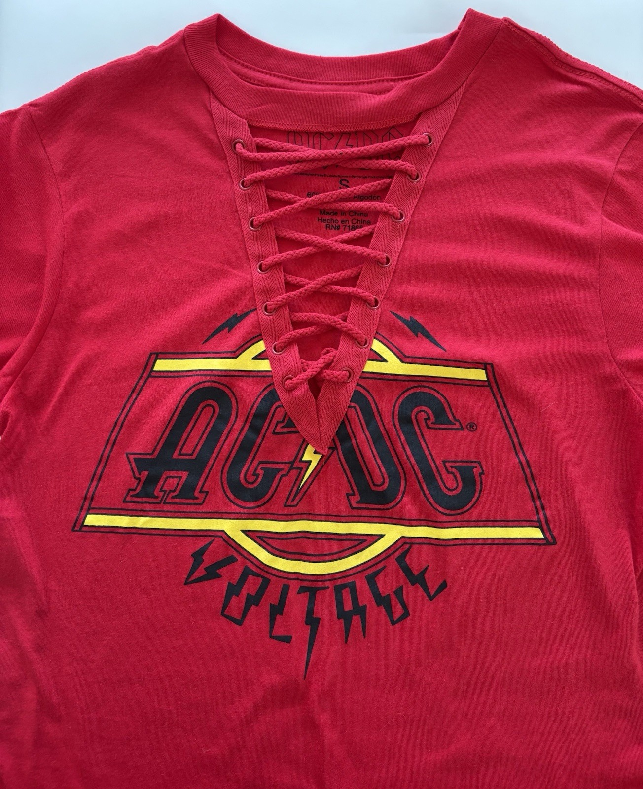 Licensed AC/DC VOLTAGE fashion T-shirt with a lace-up choker V-neck M,L,XL,RED