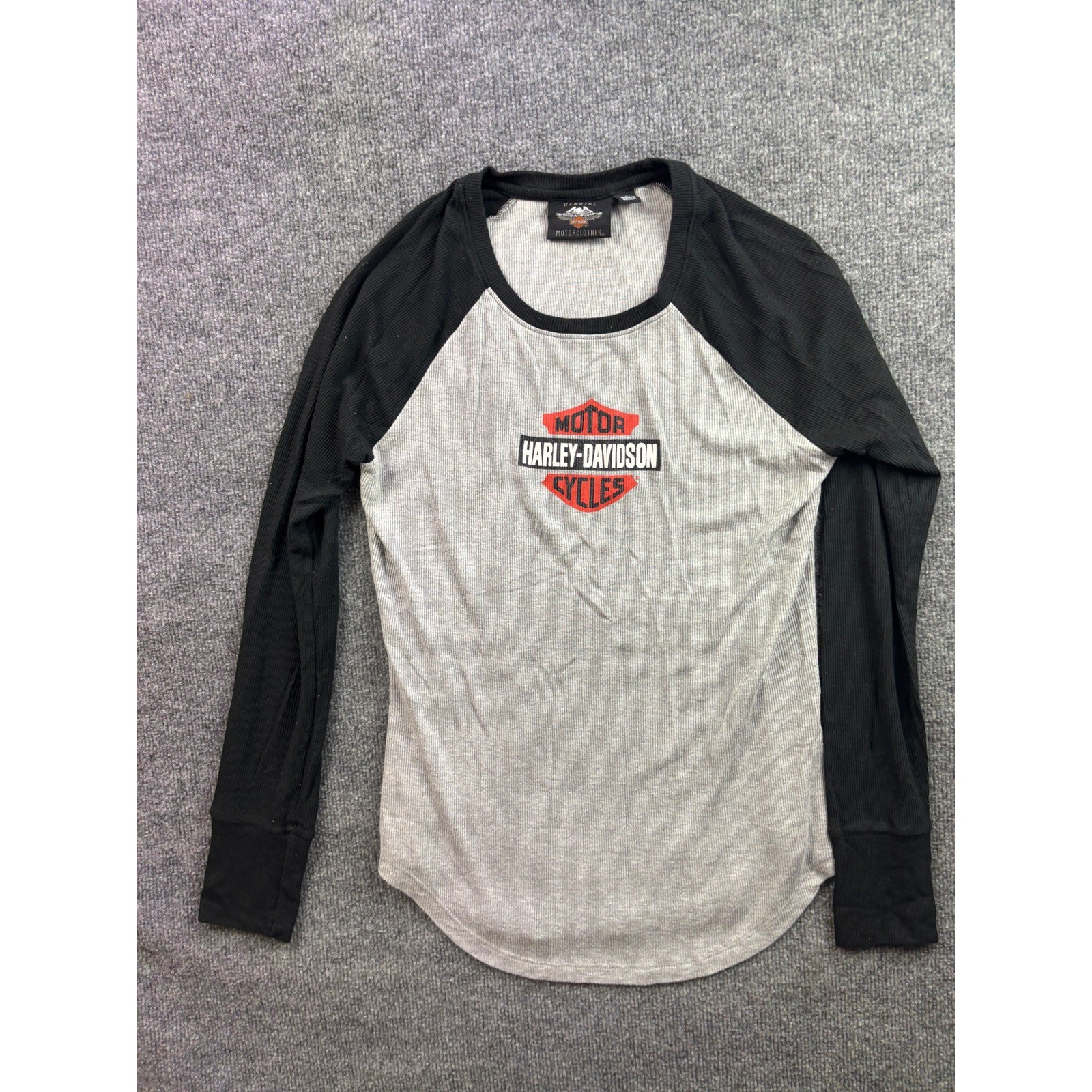 Harley-Davidson Top Womens Large Grey Black Raglan Long Sleeve Ribbed Logo