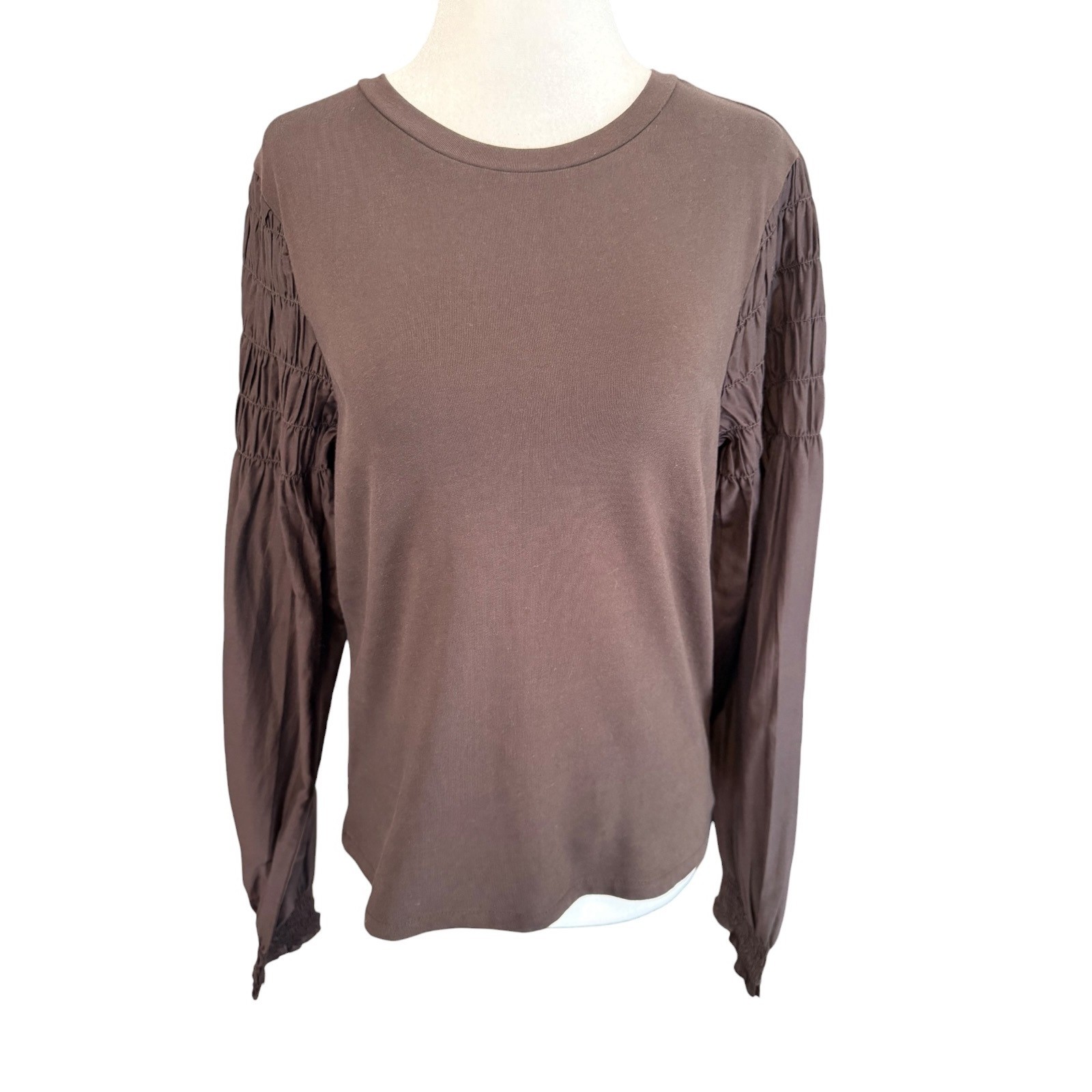 Madewell Brown Smocked Puff Long Sleeve Cotton Silk Mixed Media Top NW966 Medium