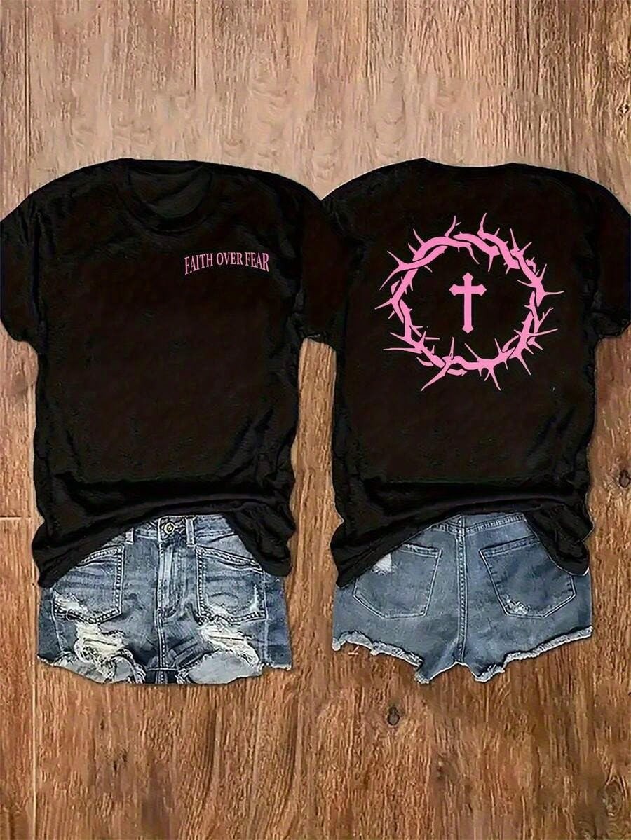 Women’s Faith First Religious T-Shirt – Pink Lettering & Thorns Cross Print