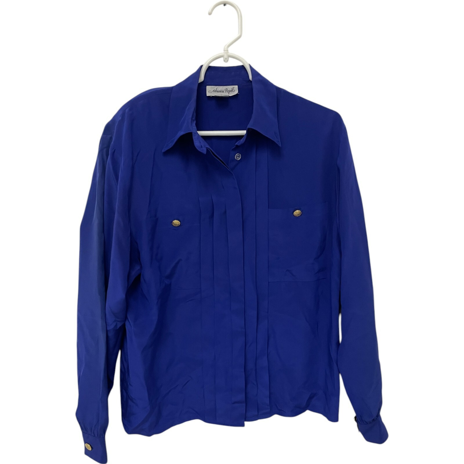 Adrianna Papell Pleated Top CEO Shirt Womens 6 Blue Pure Silk Blouse Vintage