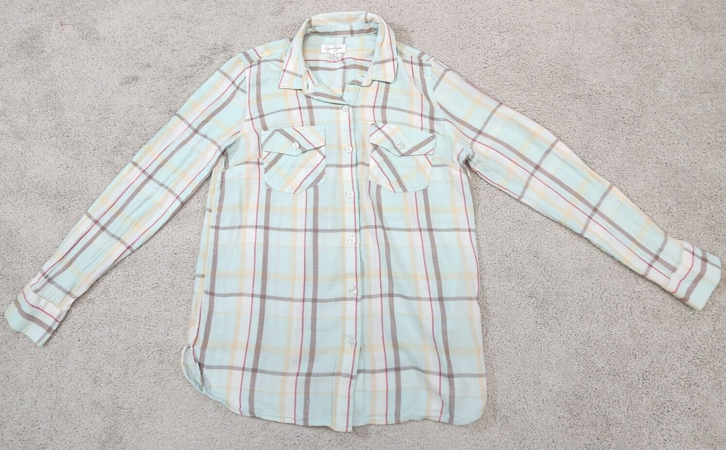 Jessica Simpson Petunia Button-Up Shirt-Bleached Aqua Plaid Medium