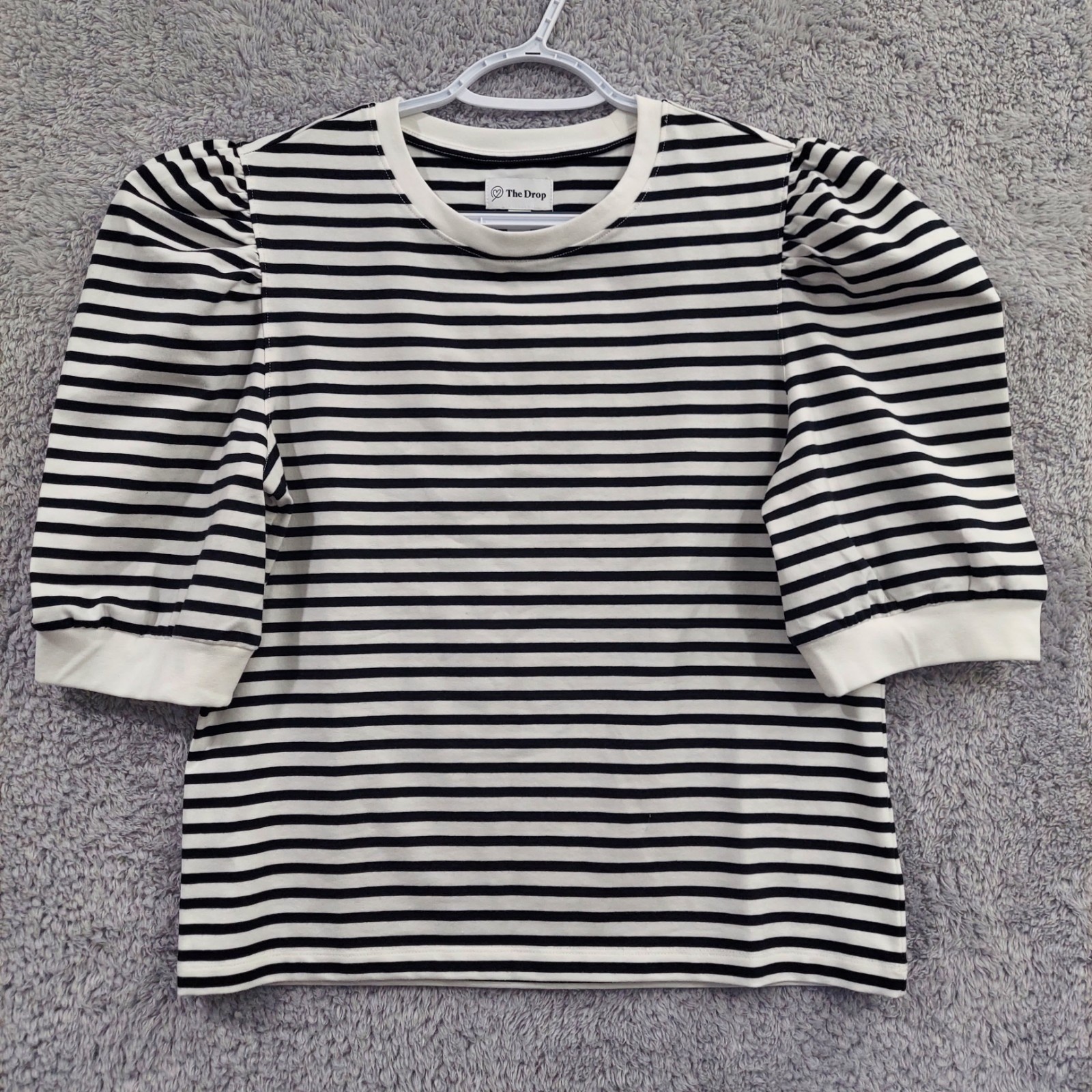 The Drop Mariko Top Women’s Medium Black White Stripe Puff Sleeve Knit Cotton