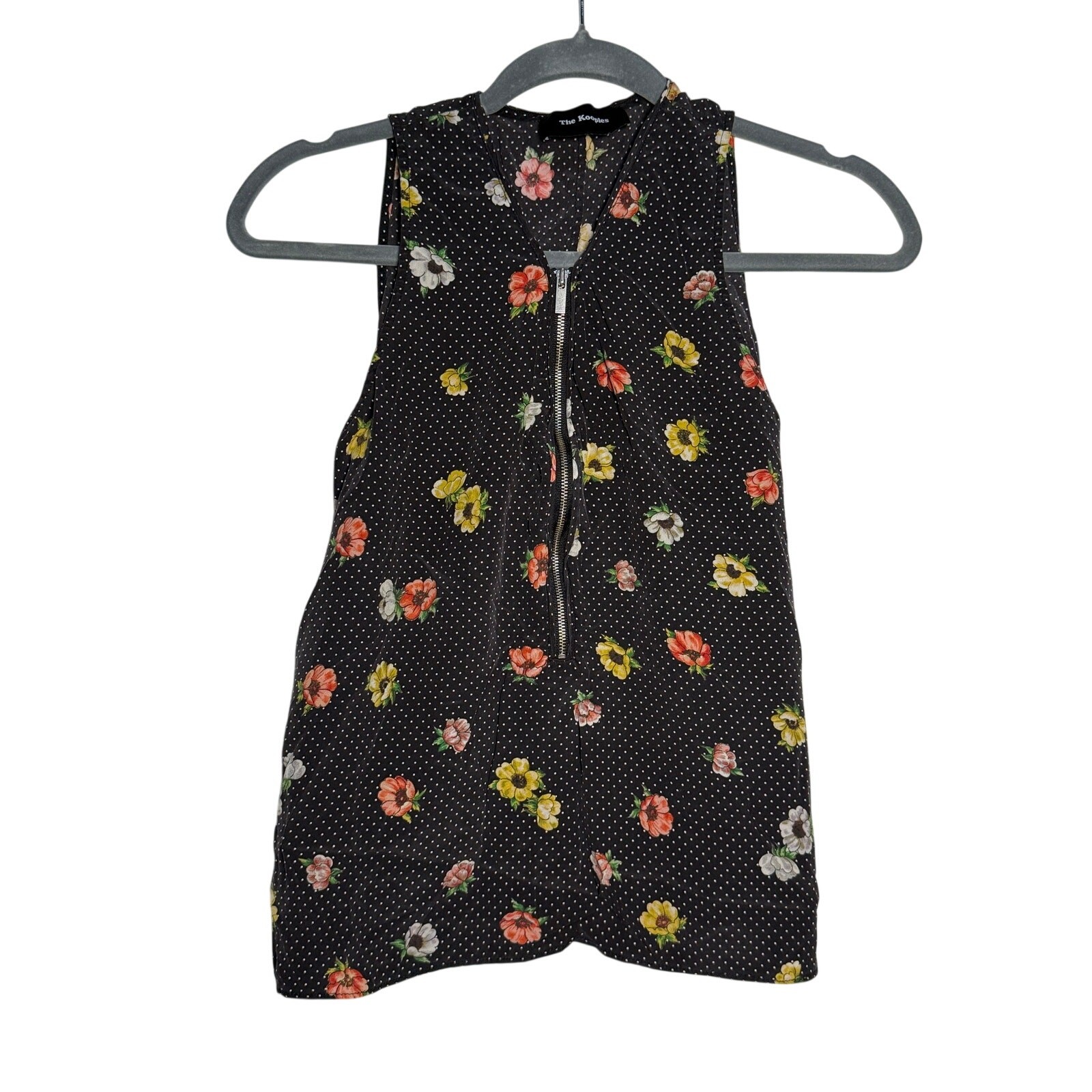 The Kooples Blouse Women’s XS 100% Silk Poka Dot Floral Black