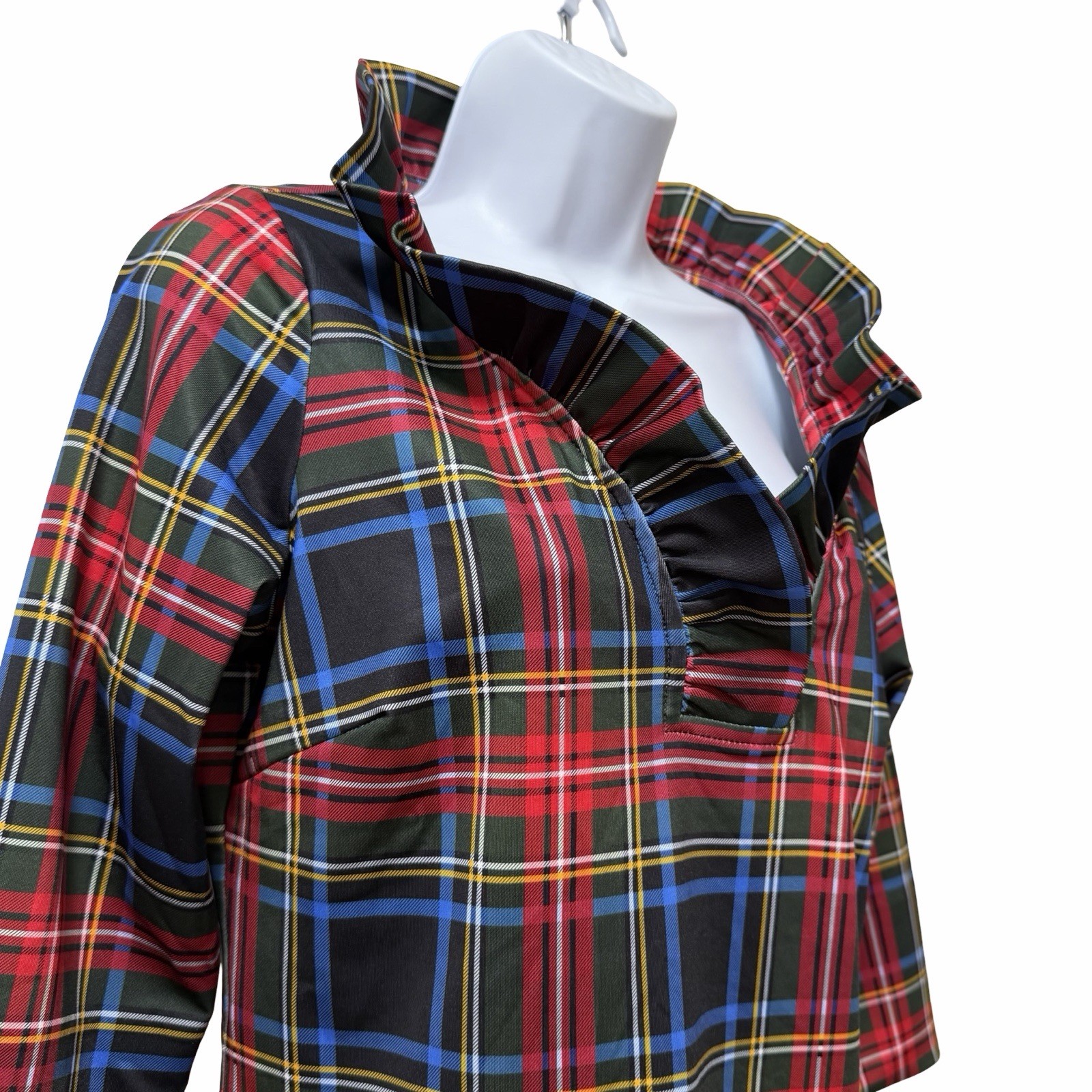Gretchen Scott Tartan Plaid Stand Up Ruffle Neck Blouse Size S Red Holiday