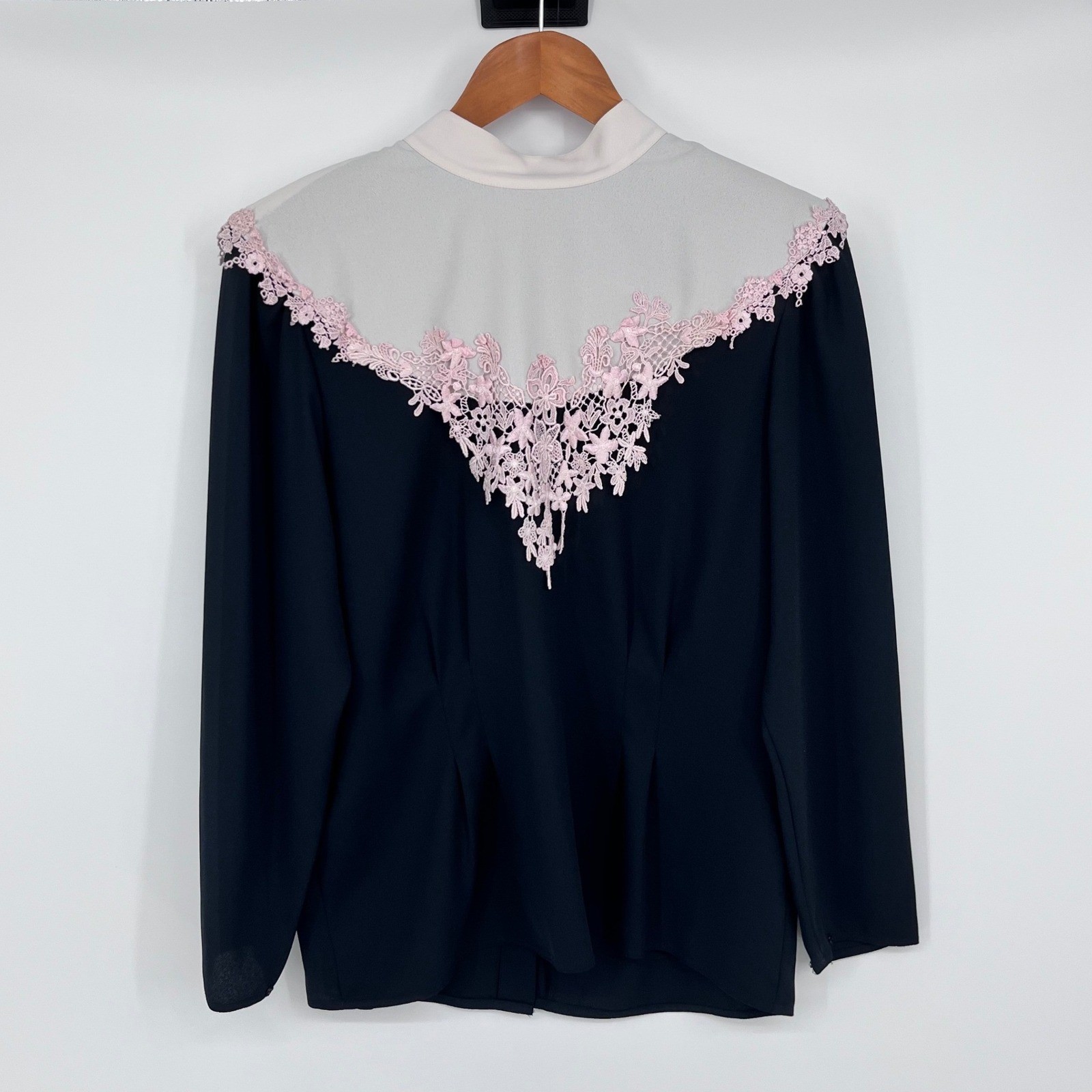 Vintage 80’s Nilani Blouse Womens 12 Black Lace Trim Victorian Dark Academia