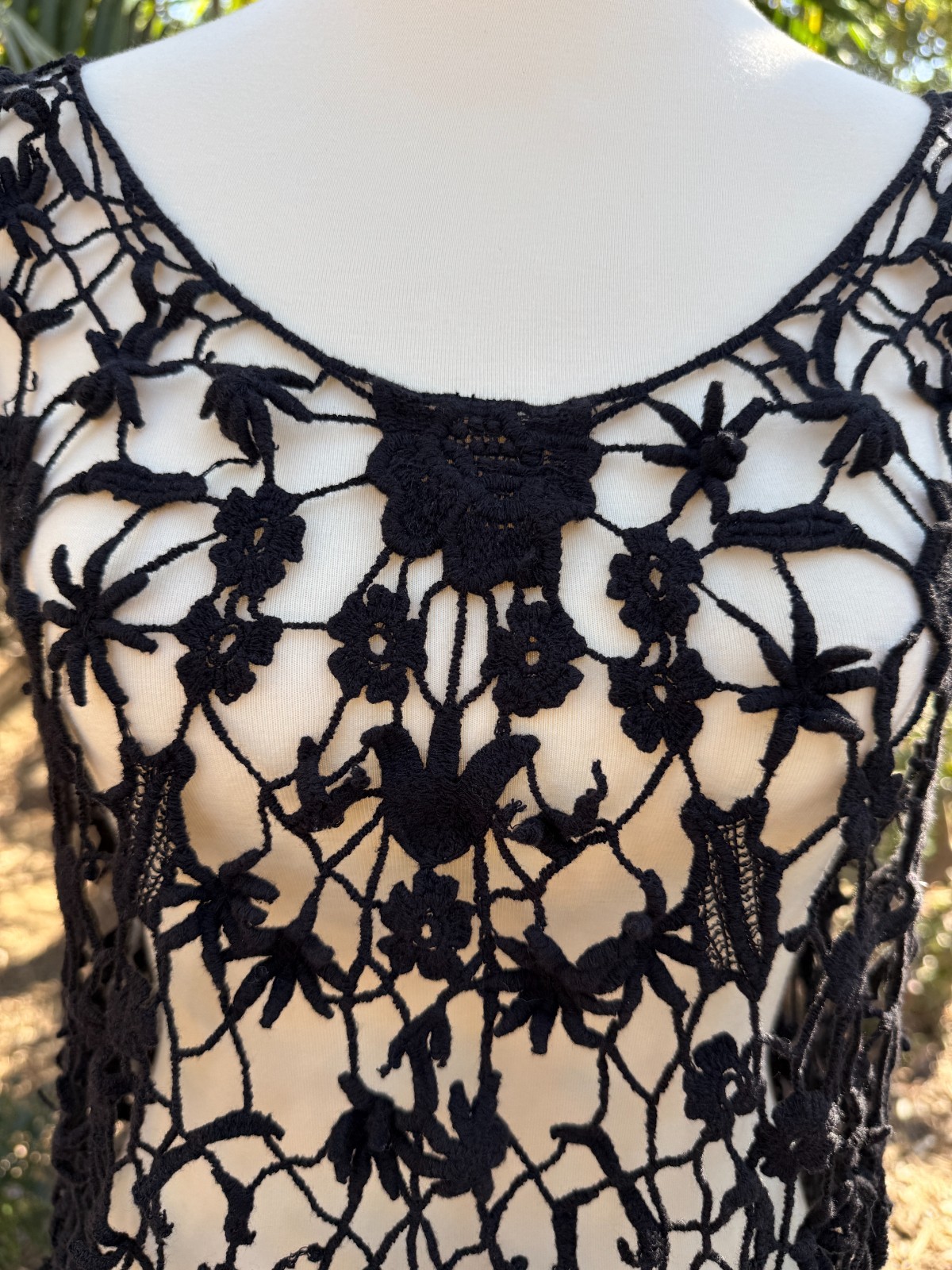 Black Fairy Grunge Whimsigoth Floral Open Knit Crochet Fringe Festival Top Sz S