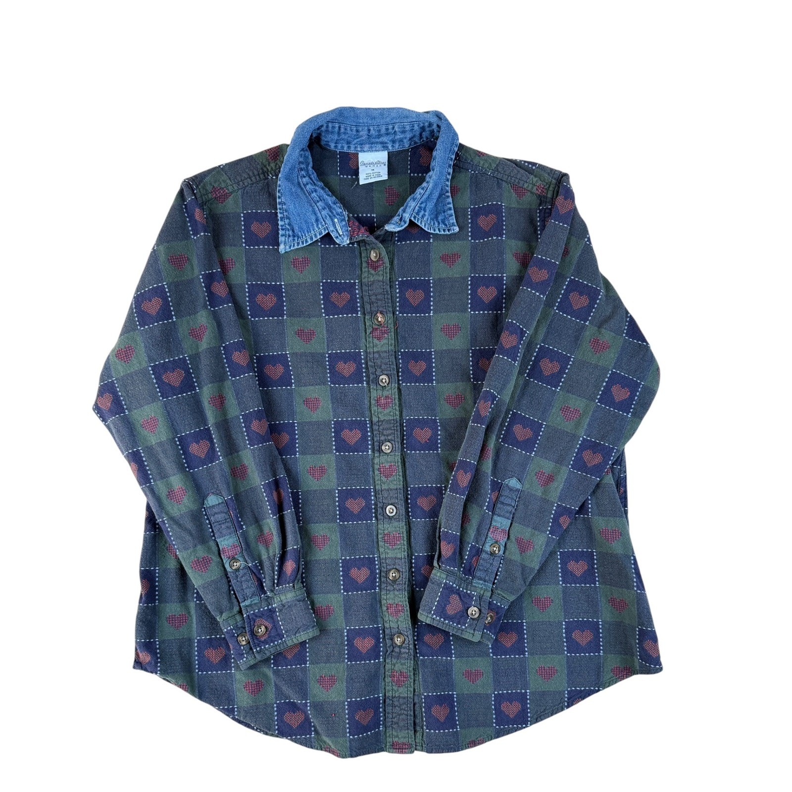 Cascade Blues 1X Button Down Cottagecore Cotton Heart Denim Collar Shirt