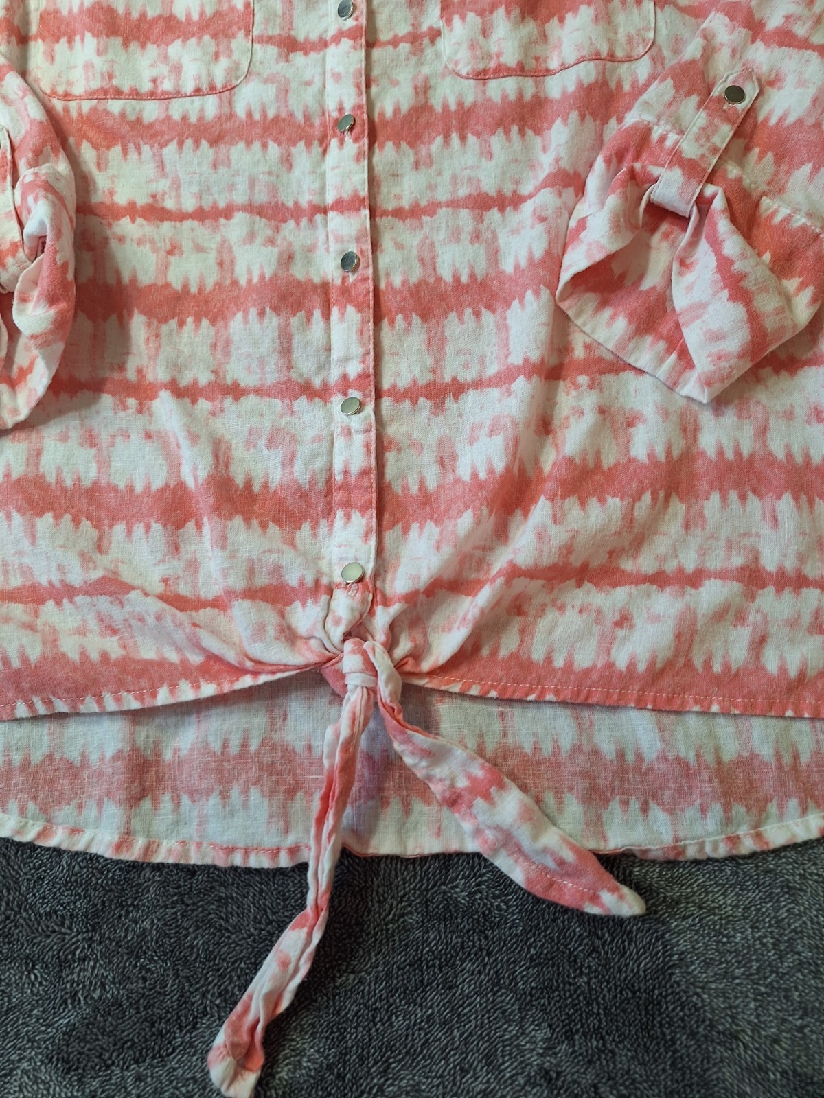 Coral Bay Linen Blend Button Up Blouse Womens Med. Pink White Tye Dye Hippie