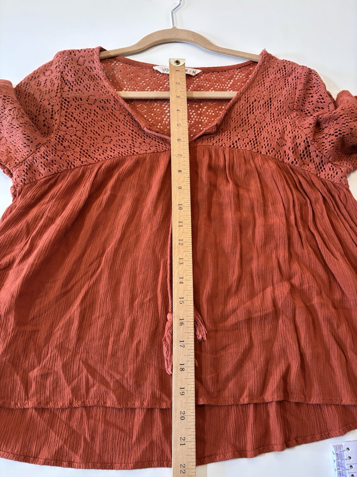 Vanilla Star Medium Boho Blouse Rust Gauze Crochet Lace Openwork Sleeve Tassel