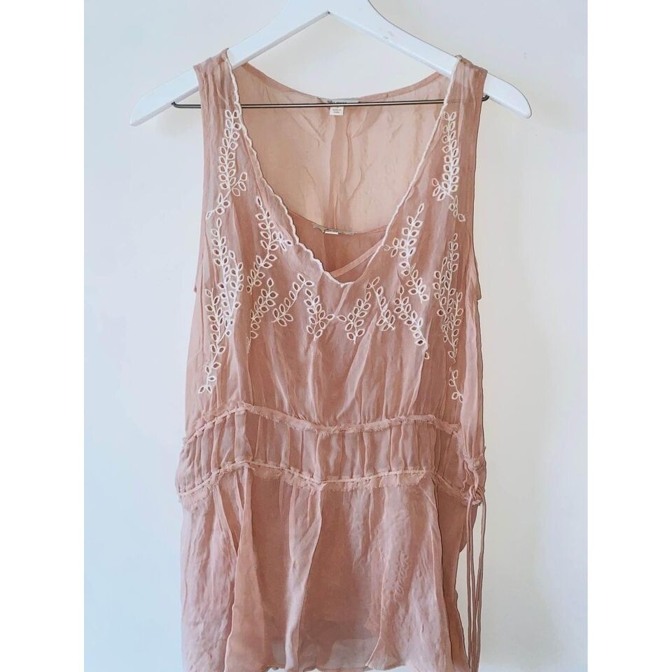 FP3 Anthropologie Ella Moss Blouse shift top tank small womens tassel boho tunic