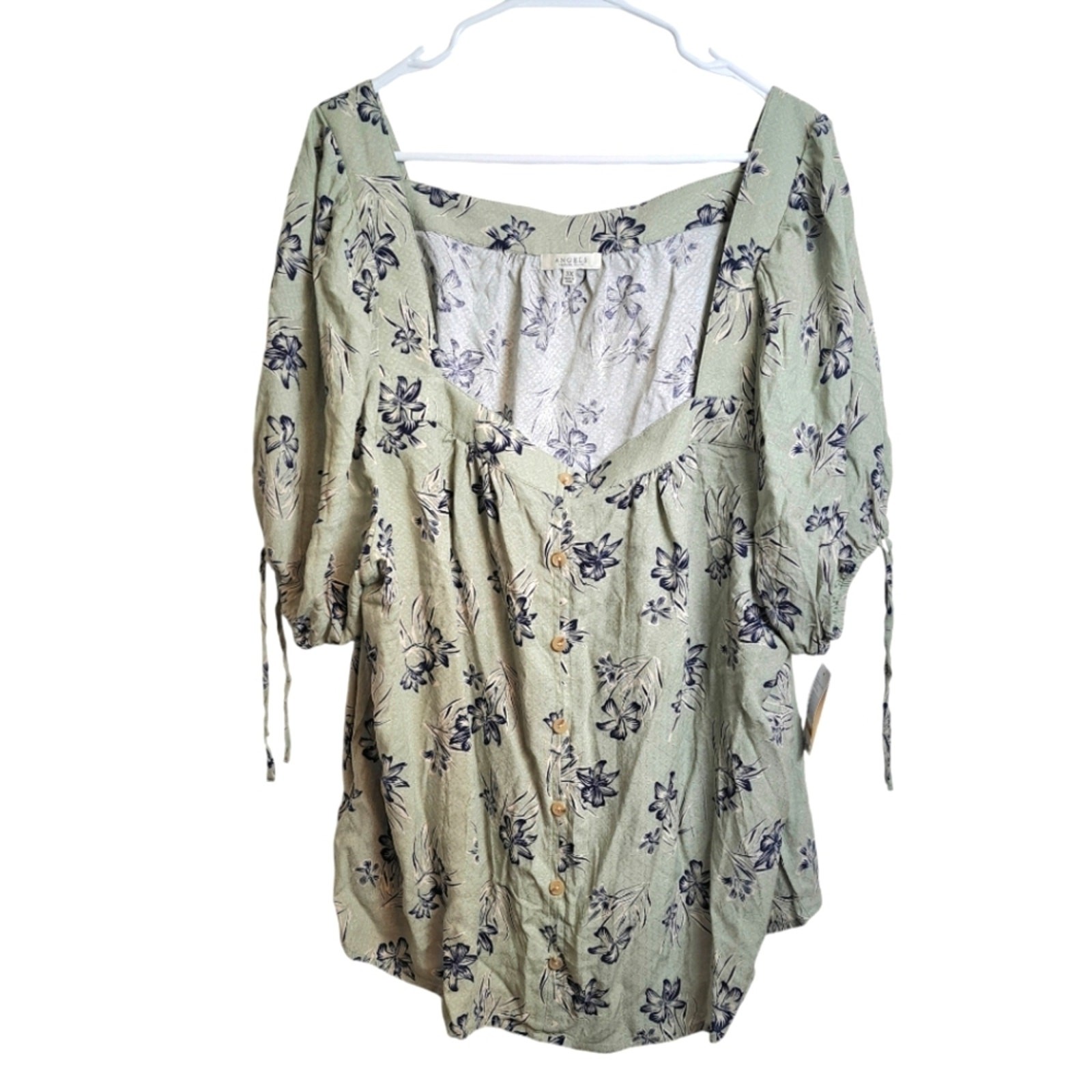 Angels Green Blue Tropical Flower Button Up Square Neckline Puff Sleeve Top S 3X