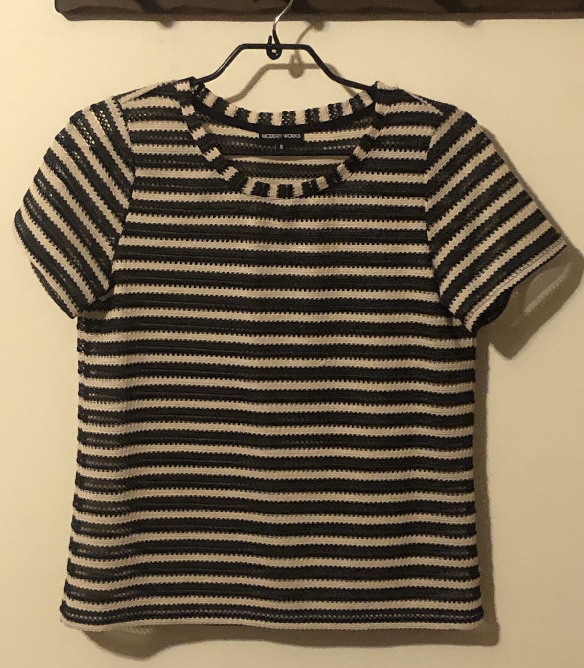 Modern Works S Black Beige Striped Open Crochet Short Sleeve Top Coastal Boho