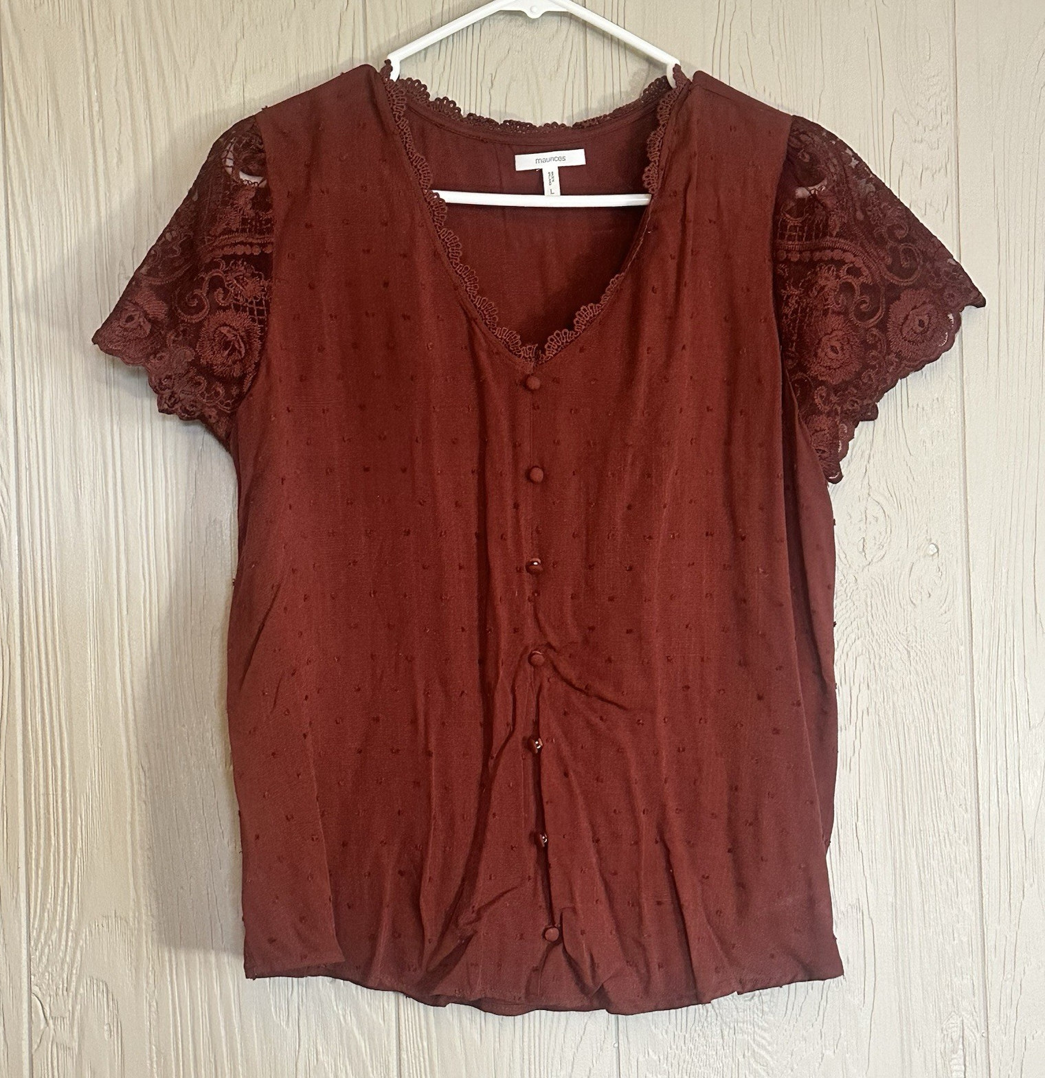 Maurices Women’s Burgundy V-Neck Lace Short Sleeve Button Front Blouse L