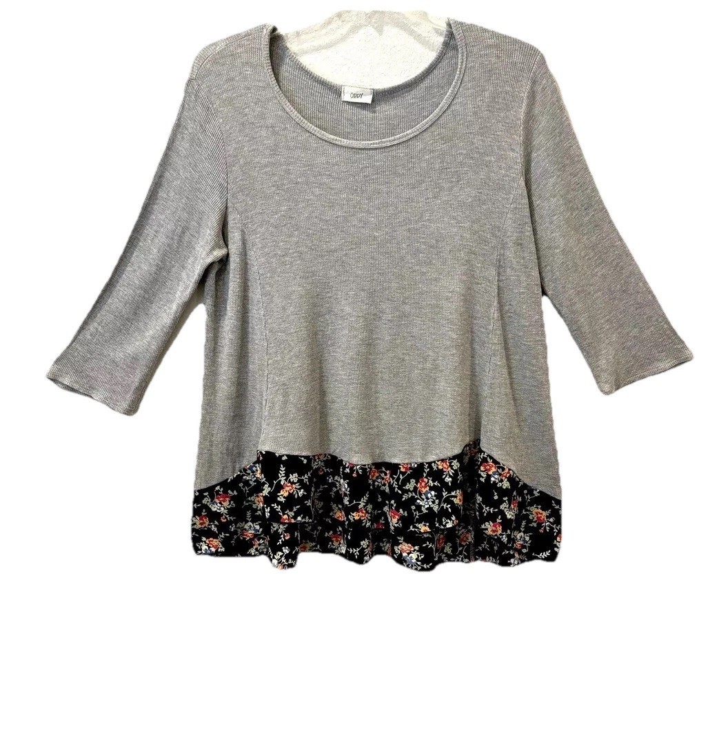 ODDI WAFFLE KNIT RIBBED TOP 1X/2X FLORAL HEM LO/HI WHIMSIGOTH COQUETTE ROMANTIC