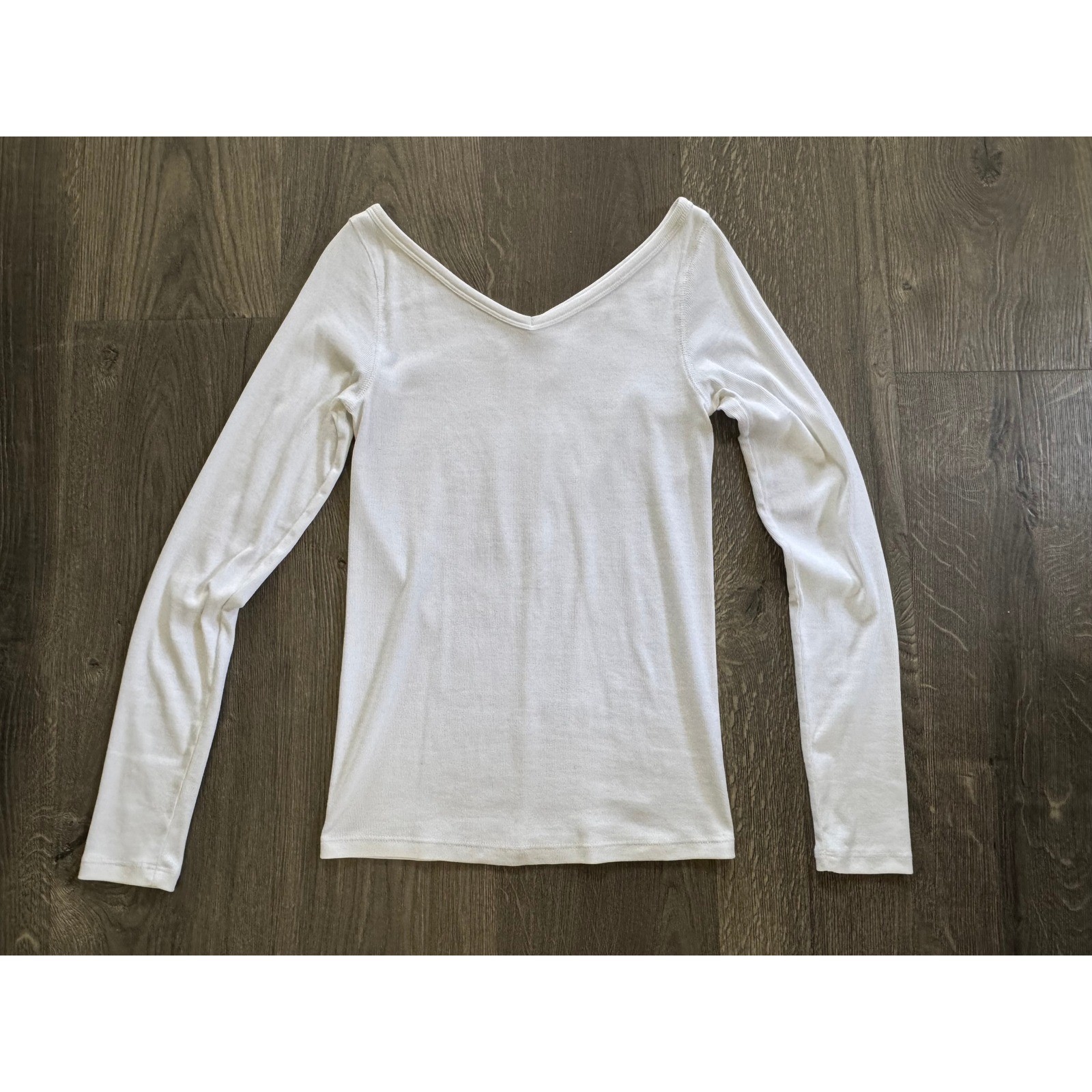 Everlane Pima Micro-Rib V-Neck Long Sleeve Top Shirt Size S White Cotton Ribbed