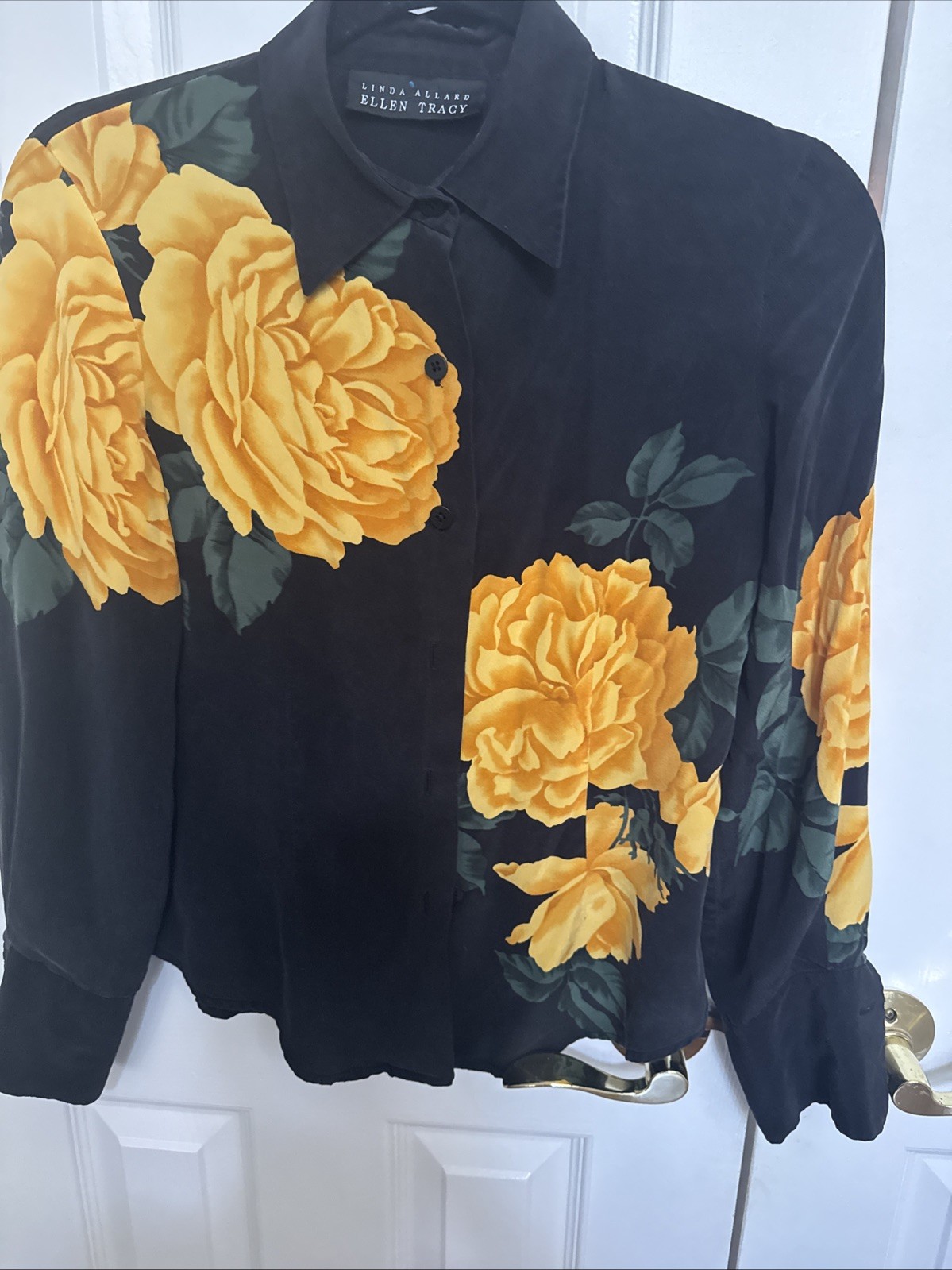 Vintage Linda Allard Ellen Tracy 100% Silk Blouse Yellow Rose Sz2 Petite
