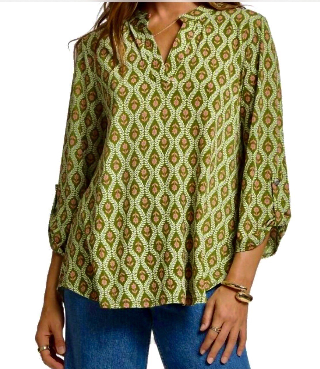 Dear Scarlett Green Geometric V-Neck 3/4 Sleeve Tunic Blouse Women’s L