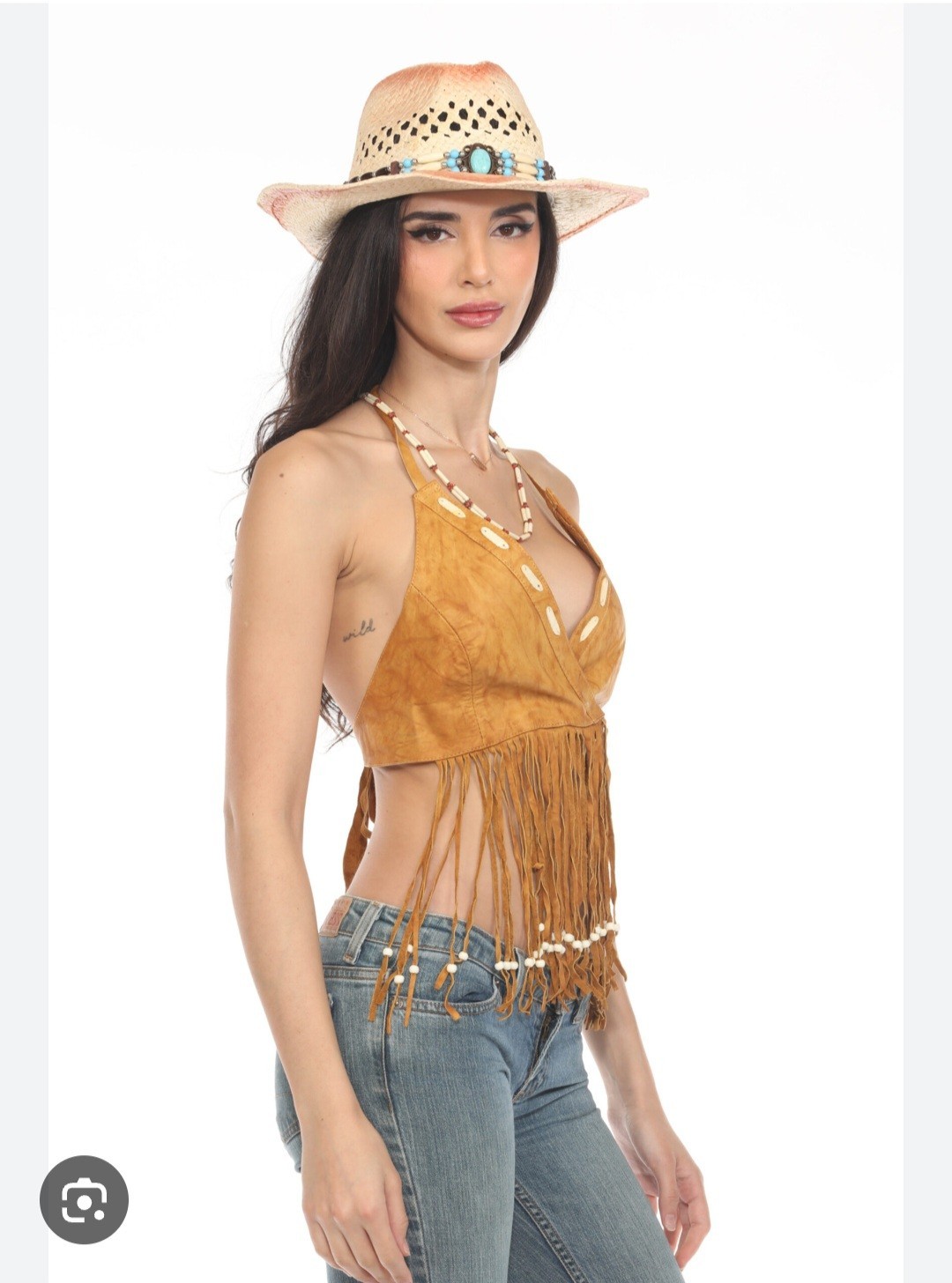 Whiskey Ray’s Boutique Tan Suede Leather Beaded Fringe V-Neck Halter Top L